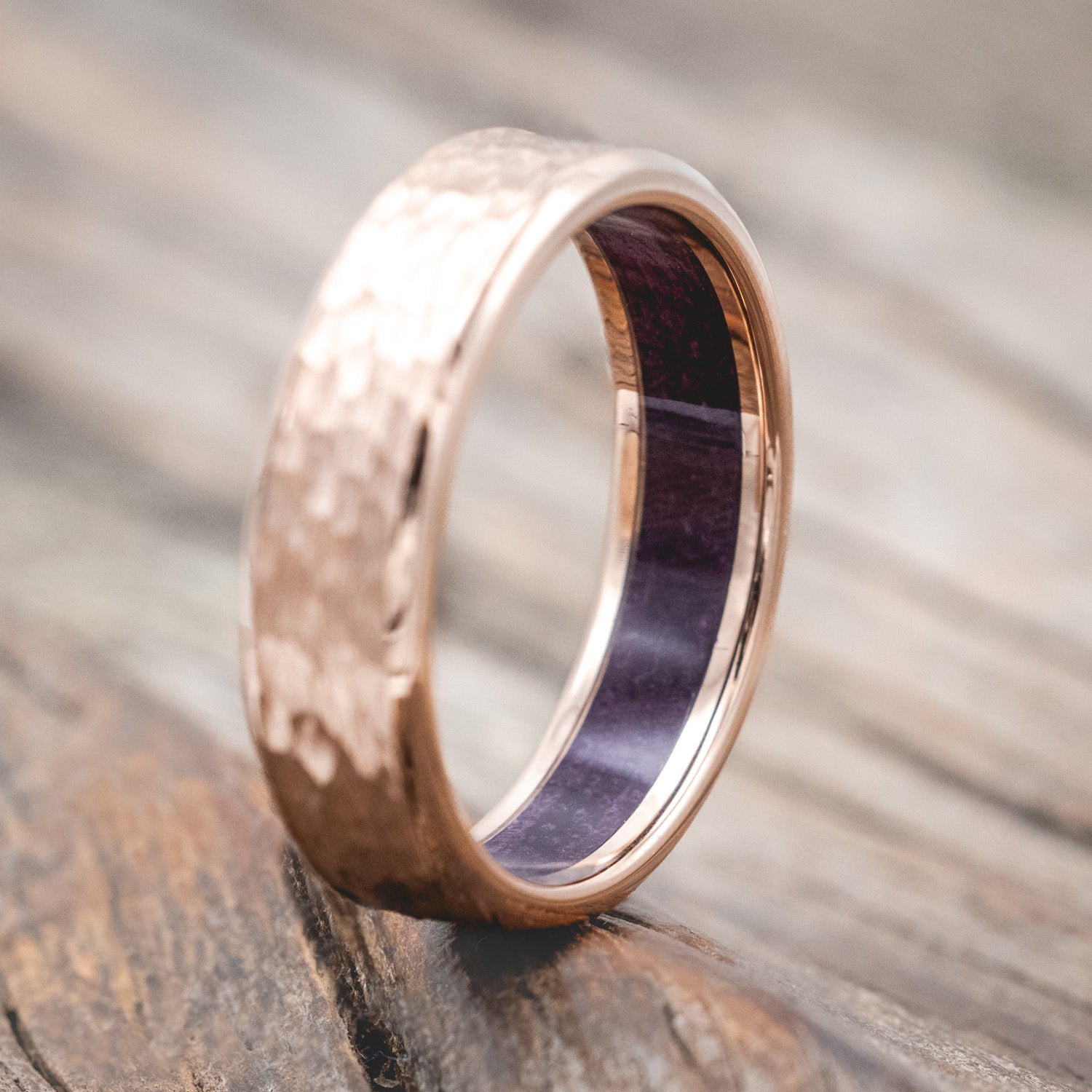 PURPLEHEART WOOD LINED WEDDING RING FEATURING A HAMMERED 14K GOLD BAND-Staghead Designs