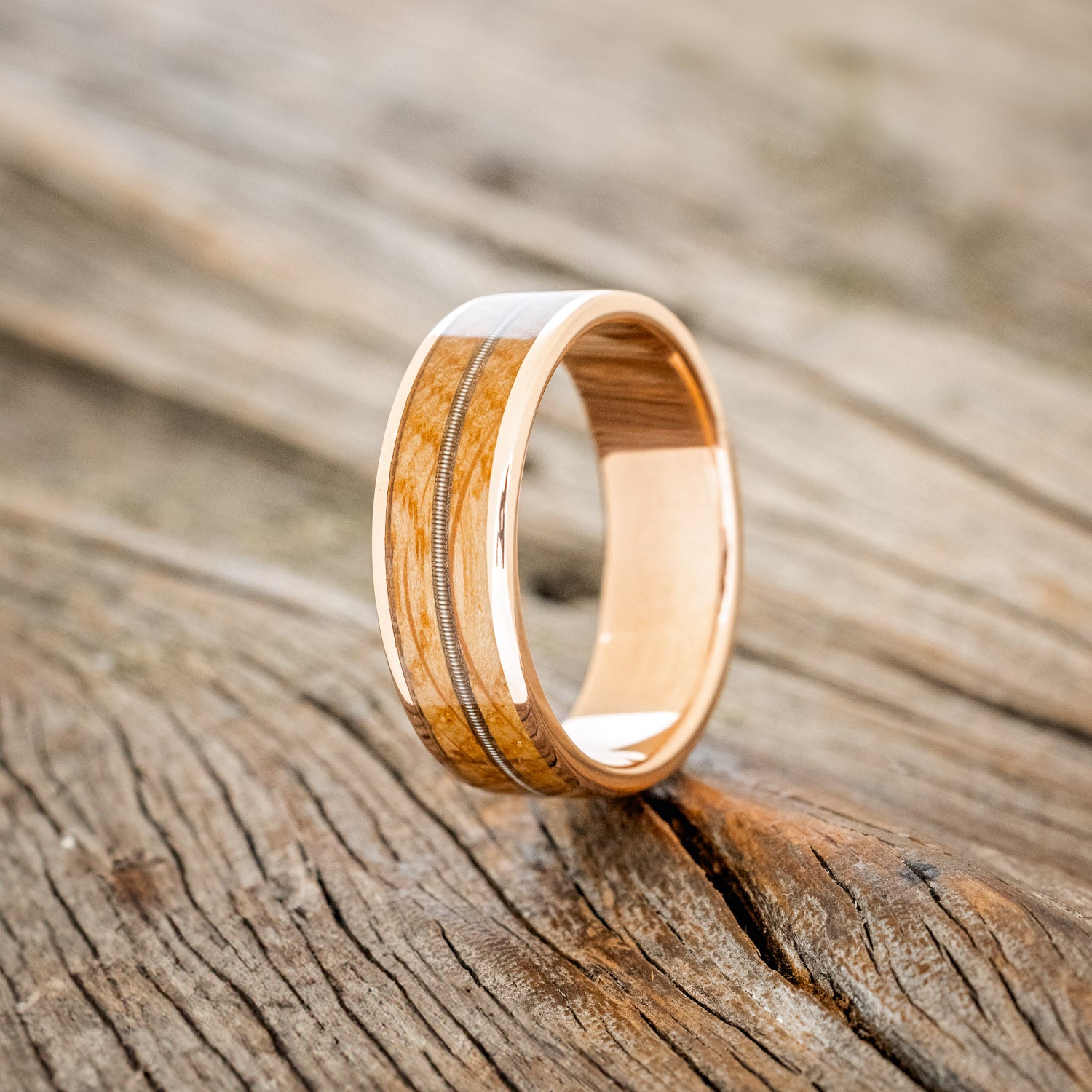 "RAINIER" - GUITAR STRING & WHISKEY BARREL OAK WEDDING RING-4