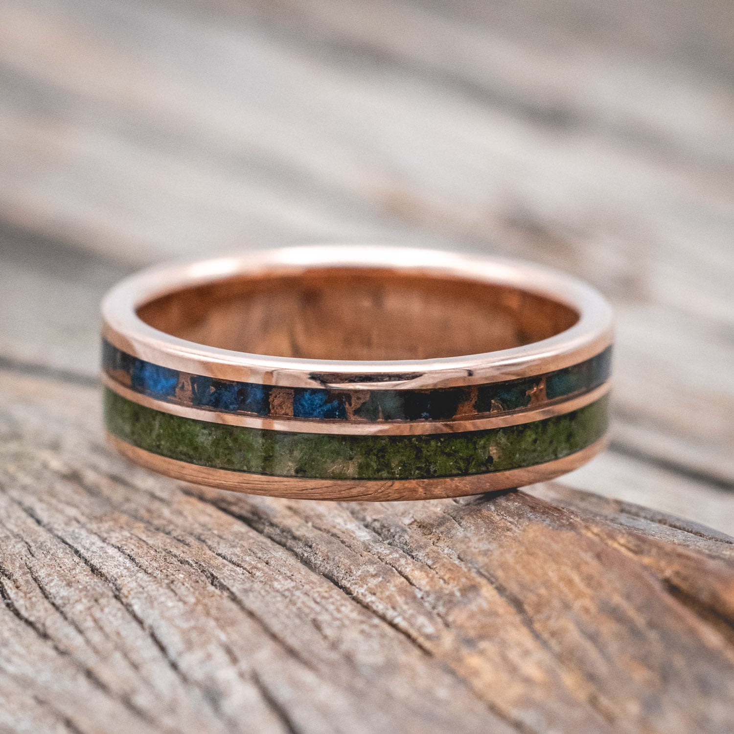 "RAPTOR" - MOLDAVITE & MOSS MIX WITH PATINA COPPER WEDDING BAND-Staghead Designs