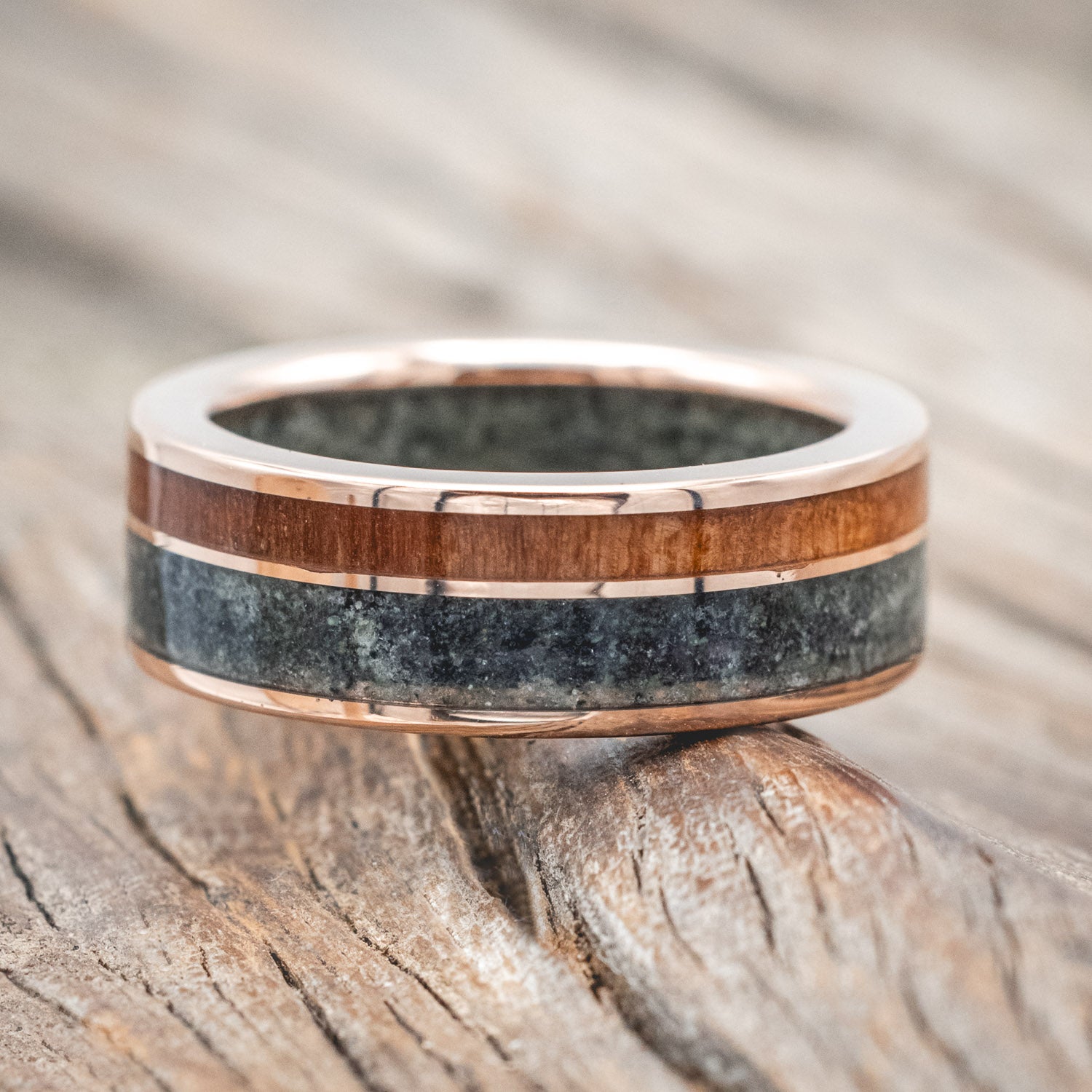 "Raptor"- men's wedding ring featuring moss agate and redwood inlays on a moss agate lined band