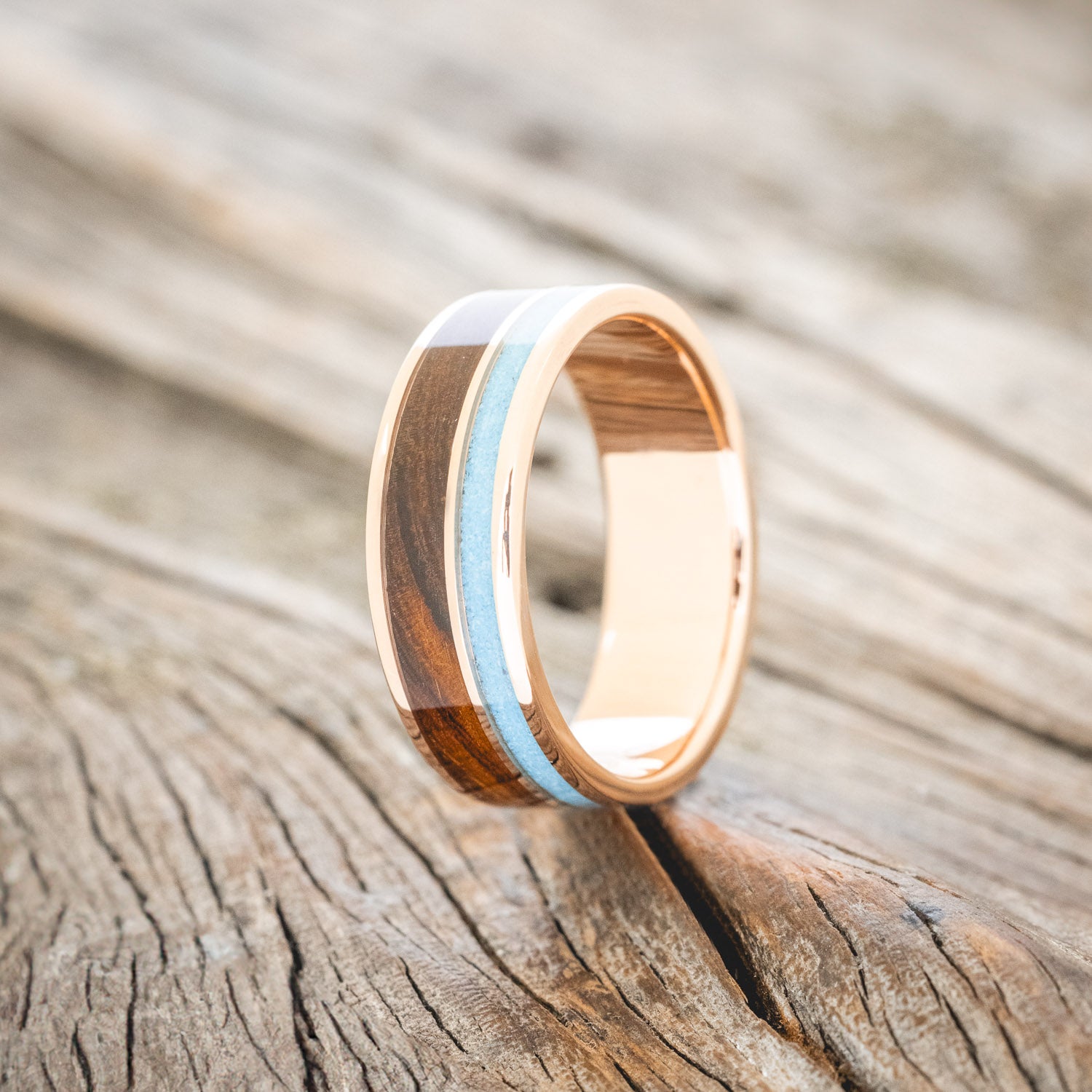 "RAPTOR" - HAND CRUSHED TURQUOISE & IRONWOOD WEDDING BAND-7