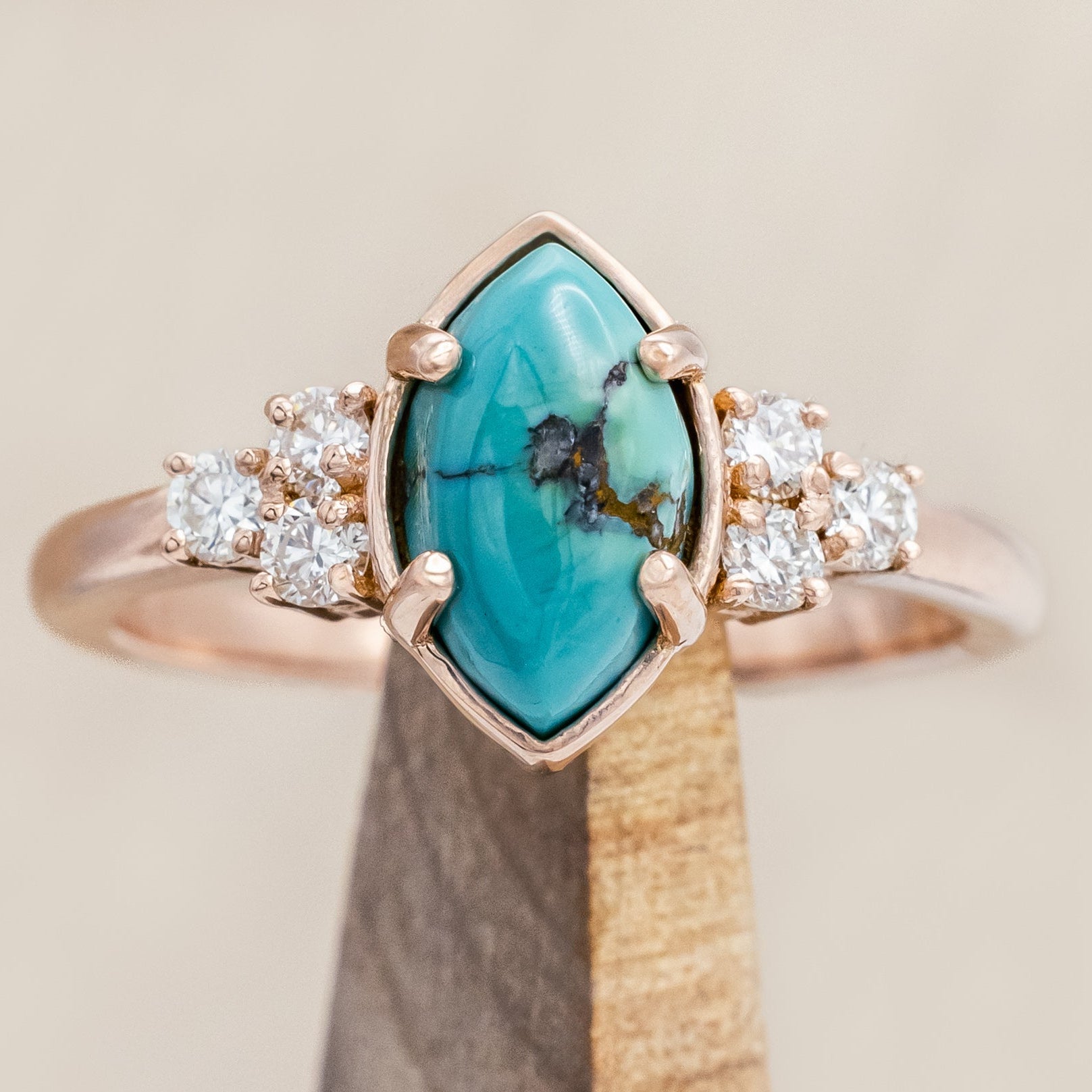 "RAYA" - MARQUISE CABOCHON CUT TURQUOISE ENGAGEMENT RING WITH DIAMOND ACCENTS & RING GUARD-Staghead Designs