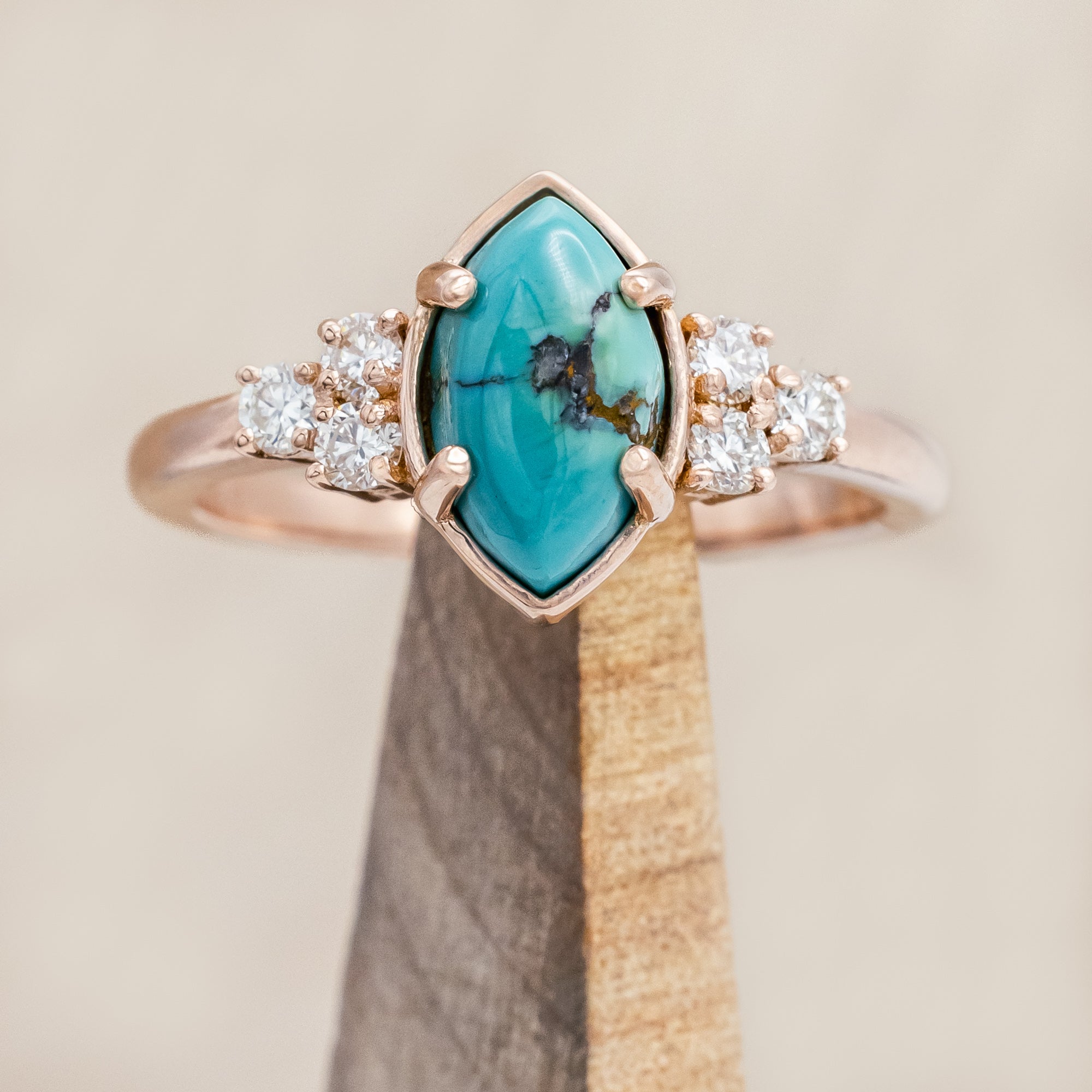 "RAYA" - MARQUISE CABOCHON CUT TURQUOISE ENGAGEMENT RING WITH DIAMOND ACCENTS & RING GUARD-Staghead Designs