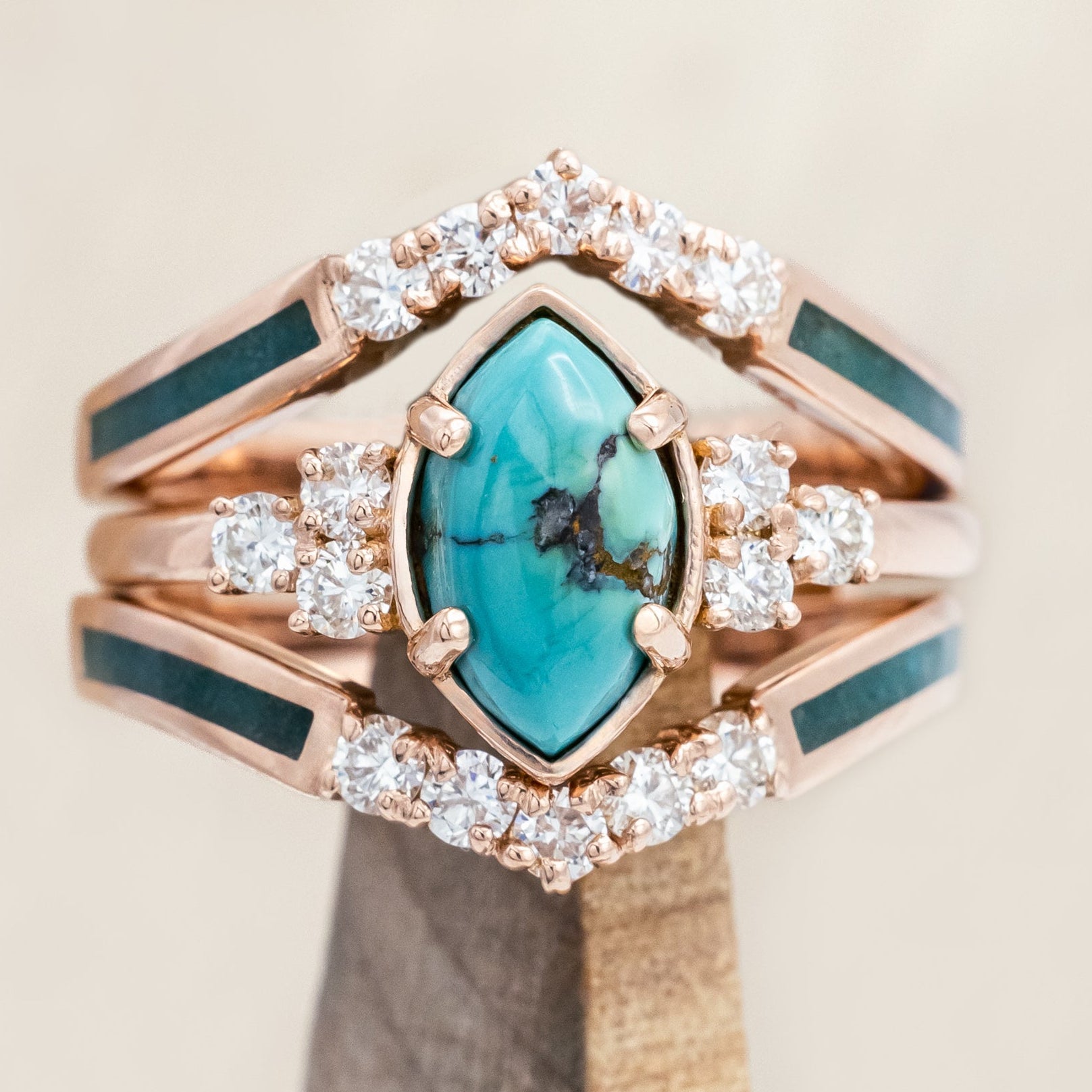 "RAYA" - MARQUISE CABOCHON CUT TURQUOISE ENGAGEMENT RING WITH DIAMOND ACCENTS & CRUSHED CHRYSOCOLLA RING GUARD-Staghead Designs
