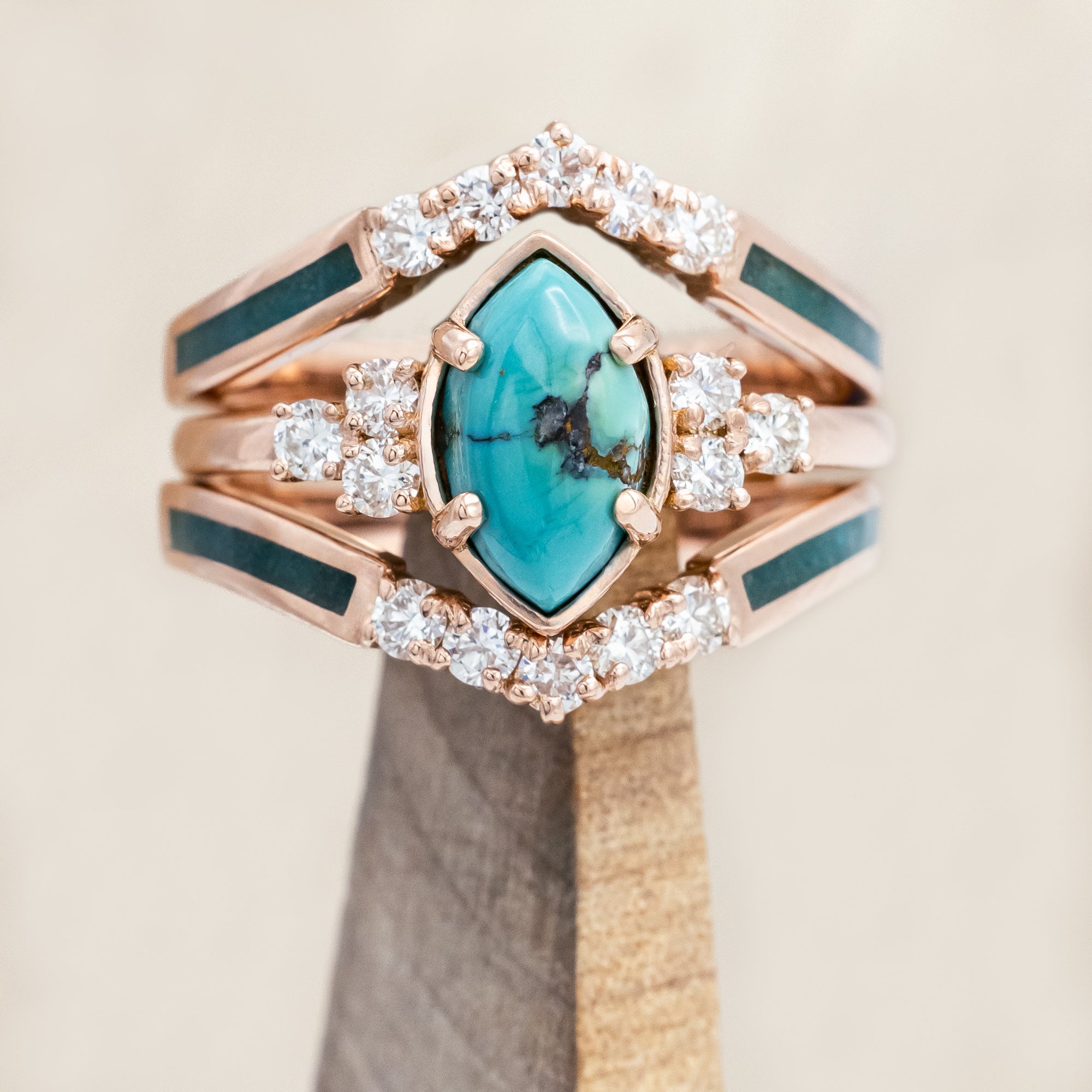 "RAYA" - MARQUISE CABOCHON CUT TURQUOISE ENGAGEMENT RING WITH DIAMOND ACCENTS & CRUSHED CHRYSOCOLLA RING GUARD-Staghead Designs