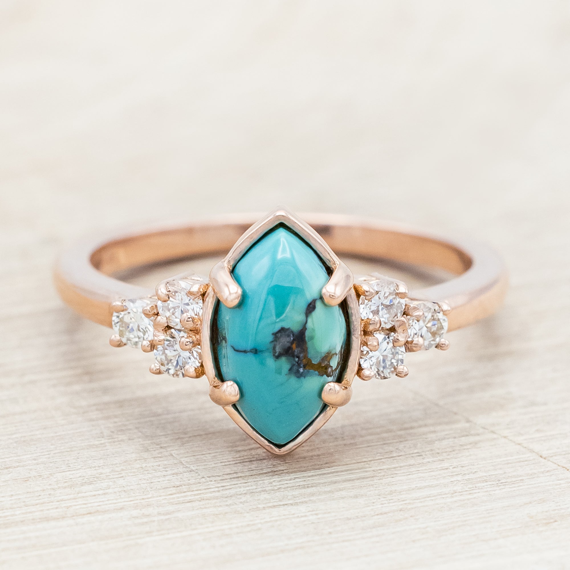 "RAYA" - MARQUISE CABOCHON CUT TURQUOISE ENGAGEMENT RING WITH DIAMOND ACCENTS & RING GUARD-Staghead Designs