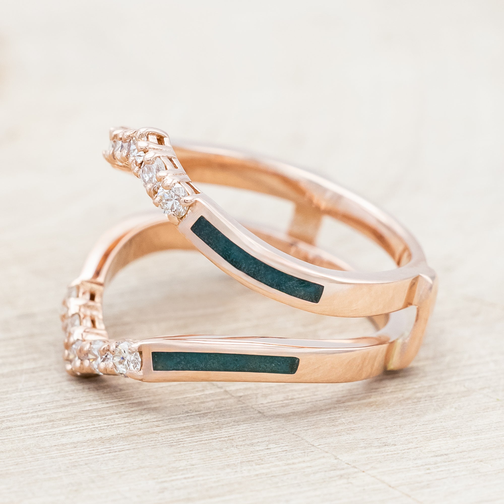 "RAYA" - MARQUISE CABOCHON CUT TURQUOISE ENGAGEMENT RING WITH DIAMOND ACCENTS & CRUSHED CHRYSOCOLLA RING GUARD-Staghead Designs