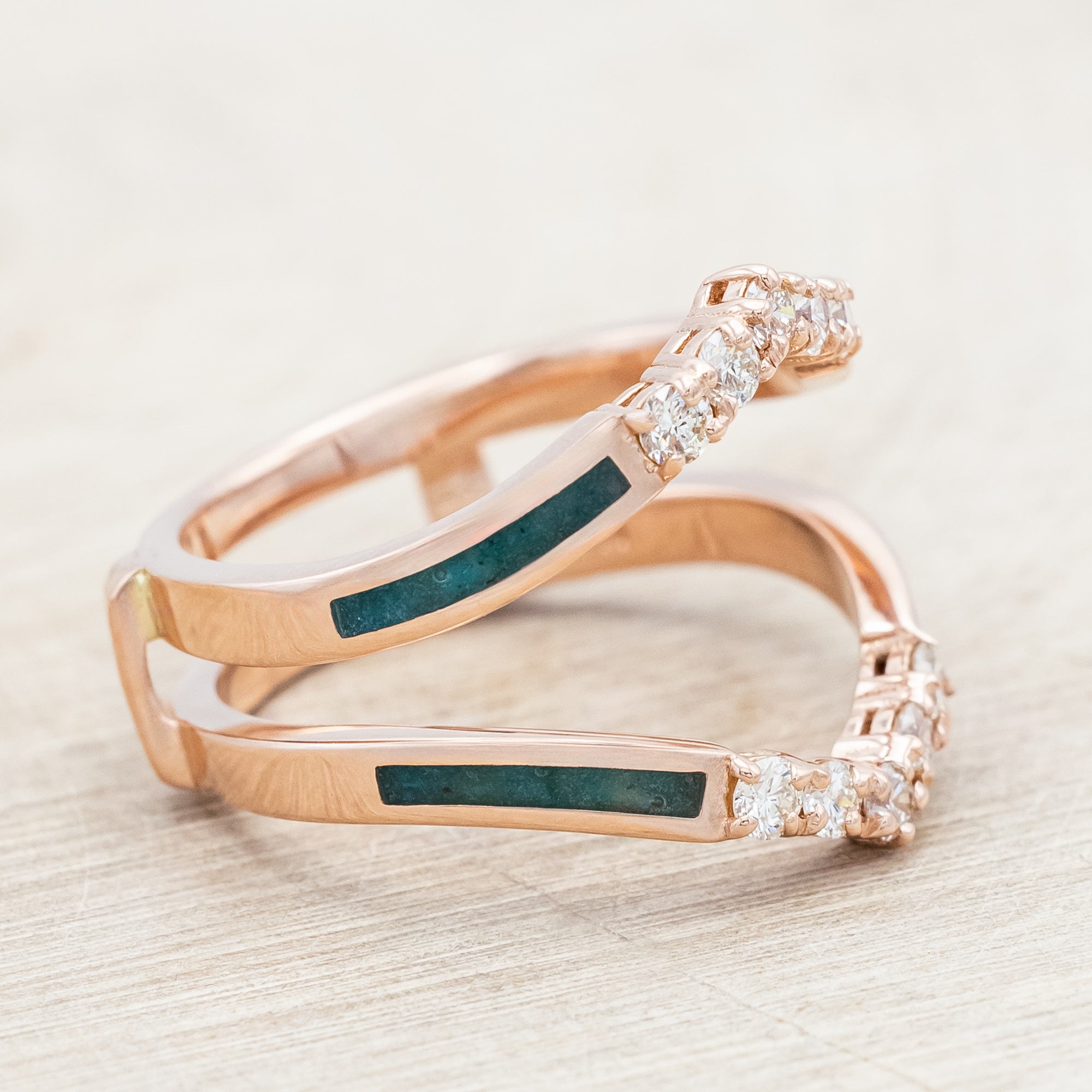 "RAYA" - MARQUISE CABOCHON CUT TURQUOISE ENGAGEMENT RING WITH DIAMOND ACCENTS & CRUSHED CHRYSOCOLLA RING GUARD-Staghead Designs