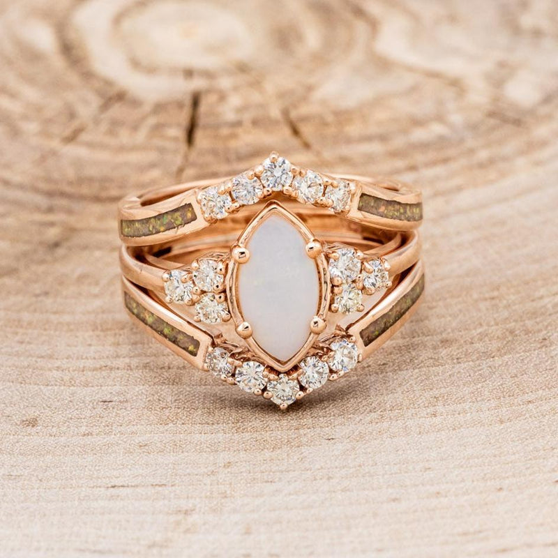 "RAYA" - MARQUISE OPAL ENGAGEMENT RING WITH DIAMOND ACCENTS & FIRE & ICE OPAL INLAY RING GUARD