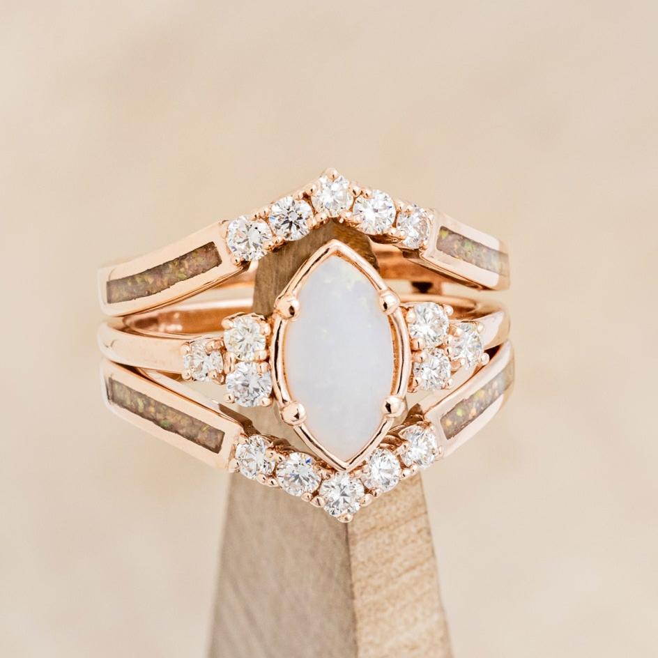 "RAYA" - MARQUISE OPAL ENGAGEMENT RING WITH DIAMOND ACCENTS & FIRE & ICE OPAL INLAY RING GUARD-19