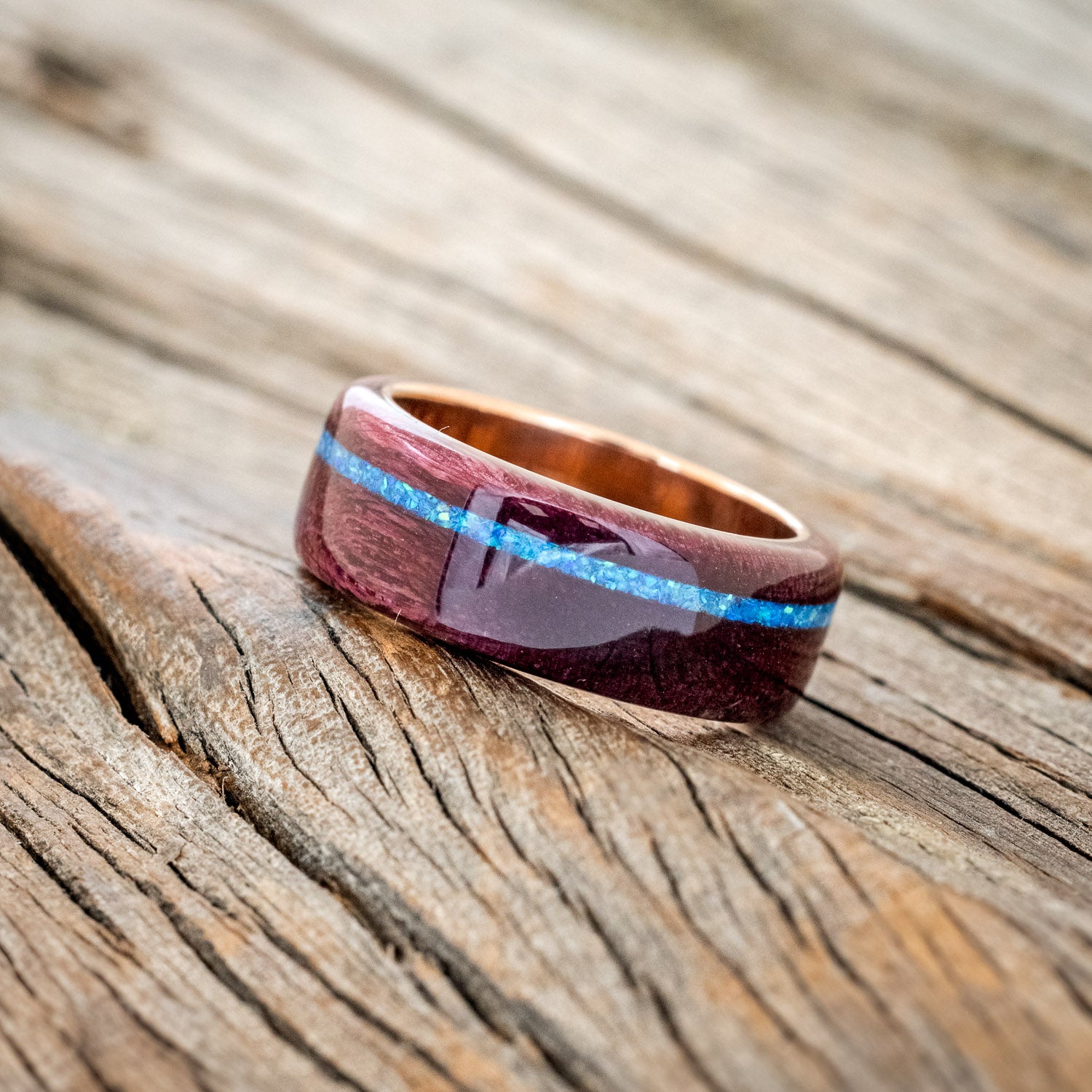"REMMY" - PURPLE HEART WOOD WEDDING BAND WITH A BLUE OPAL INLAY-2