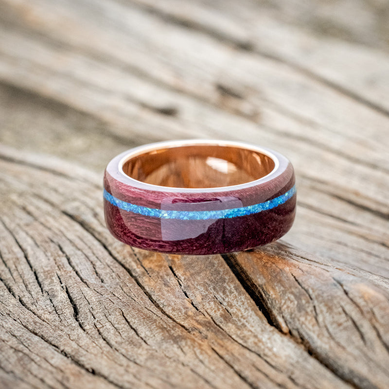 "REMMY" - PURPLE HEART WOOD WEDDING BAND WITH A BLUE OPAL INLAY-3