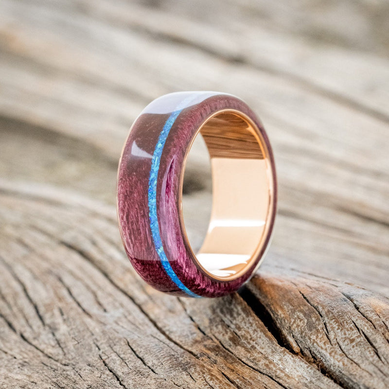 "REMMY" - PURPLE HEART WOOD WEDDING BAND WITH A BLUE OPAL INLAY-1