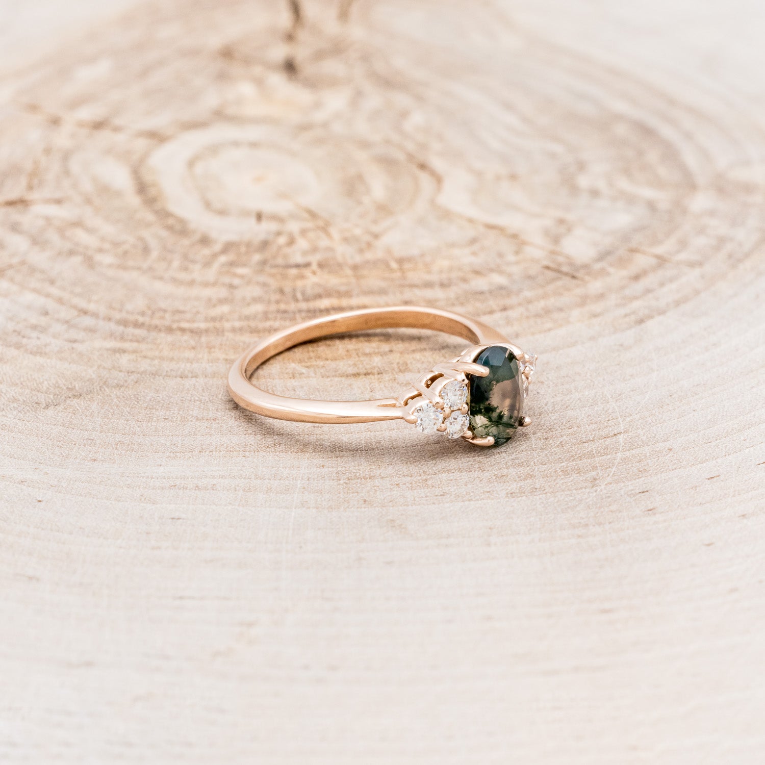 "RHEA" - OVAL MOSS AGATE ENGAGEMENT RING WITH DIAMOND ACCENTS - EXPEDITED-2