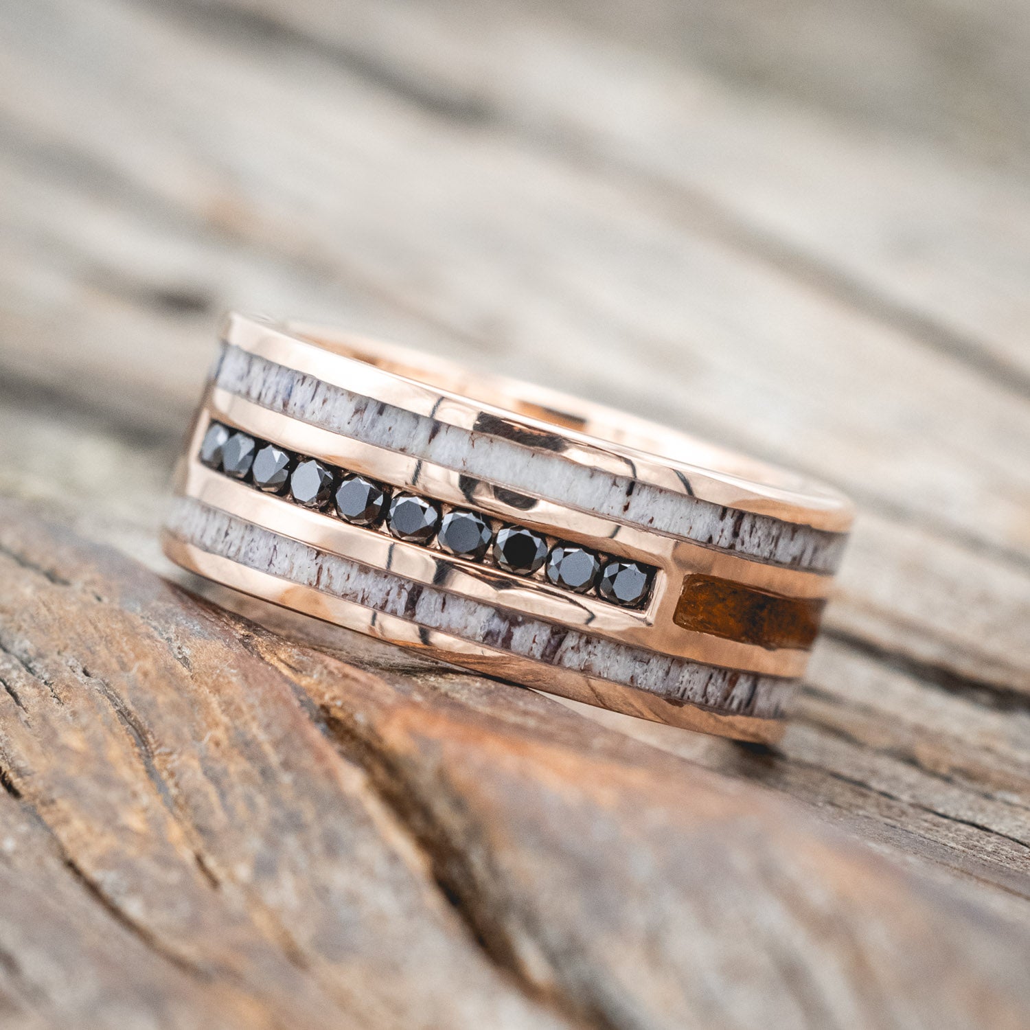 "RIO" - ANTLER & IRONWOOD WEDDING RING WITH BLACK DIAMOND ACCENTS-Staghead Designs