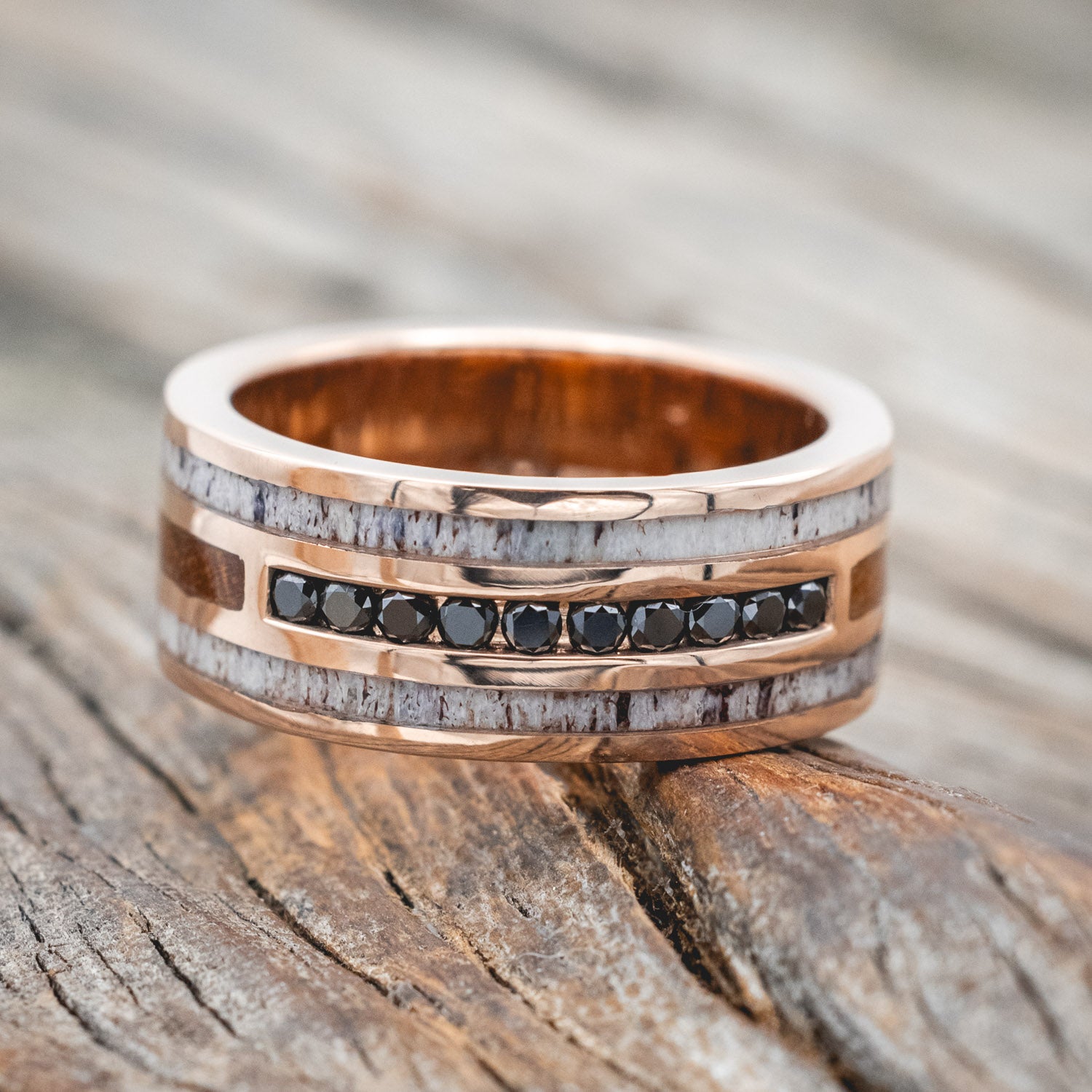 "RIO" - ANTLER & IRONWOOD WEDDING RING WITH BLACK DIAMOND ACCENTS-Staghead Designs