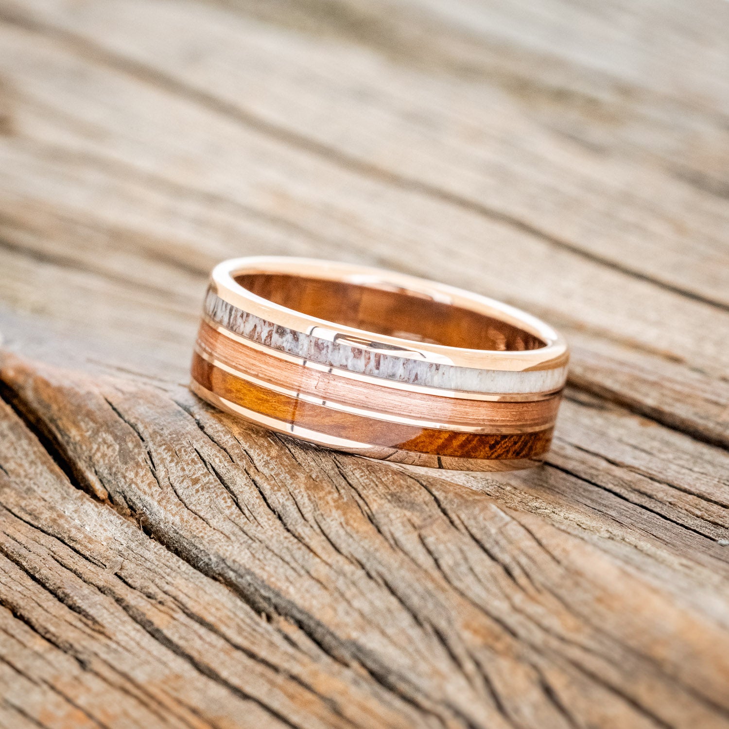 "RIO" - IRONWOOD, RUSTIC COPPER & ANTLER WEDDING BAND-5