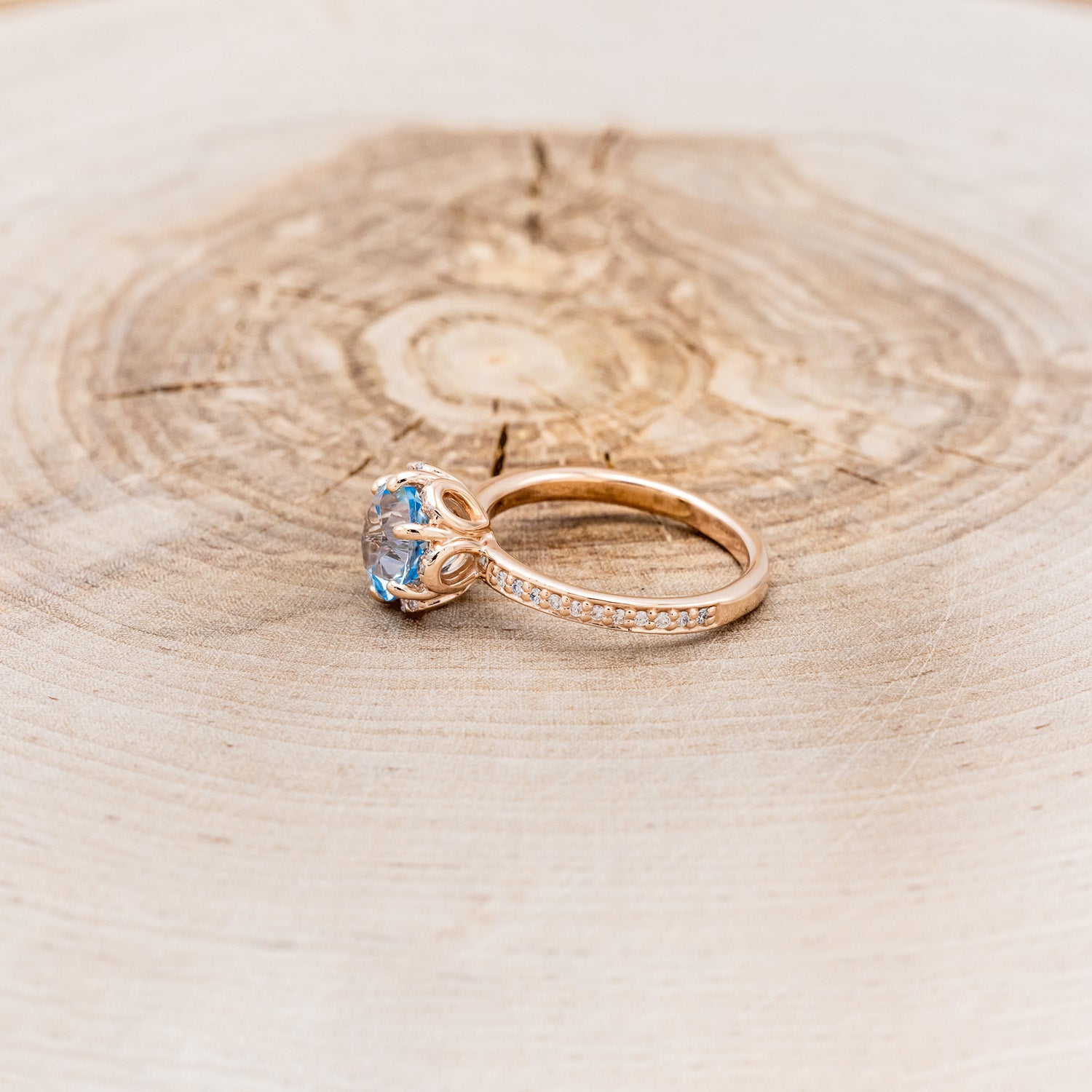 "ROSALIE" - ROUND CUT SKY BLUE TOPAZ ENGAGEMENT RING WITH DIAMOND HALO & ACCENTS-3