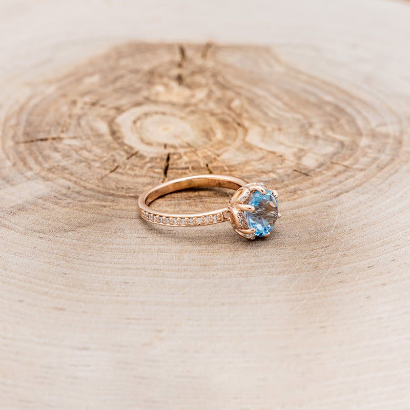 "ROSALIE" - ROUND CUT SKY BLUE TOPAZ ENGAGEMENT RING WITH DIAMOND HALO & ACCENTS