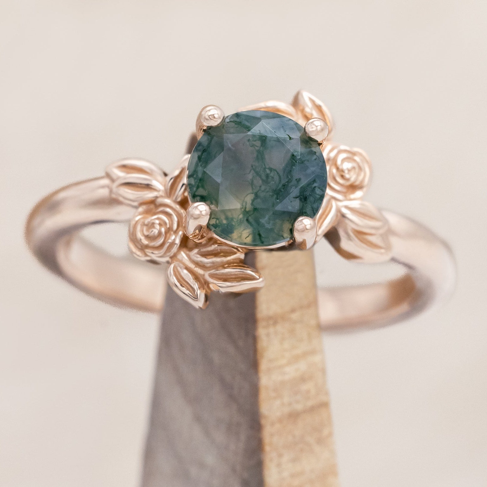 "ROSA" - ROUND CUT MOSS AGATE SOLITAIRE ENGAGEMENT RING WITH FLOWER ACCENTS-Staghead Designs