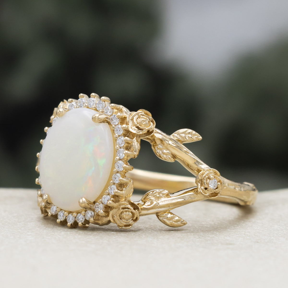 "Roselle" - Oval Cabochon Cut Australian Opal Engagement Ring With Diamond & Rose Accents