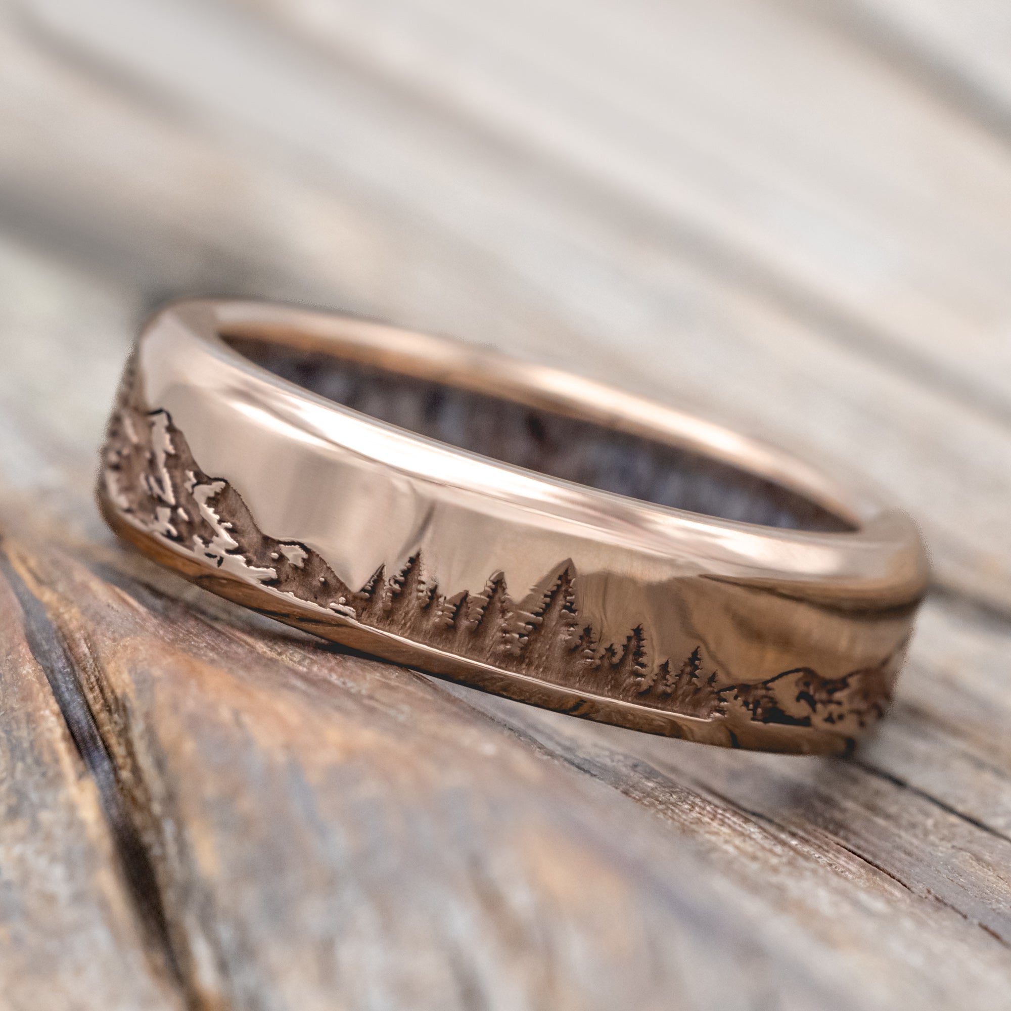 "ROSS" - MOUNTAIN & FOREST ENGRAVED WEDDING BAND WITH CUSTOM LINING - 14K ROSE GOLD (6MM) - SIZE 7 3/4-Staghead Designs