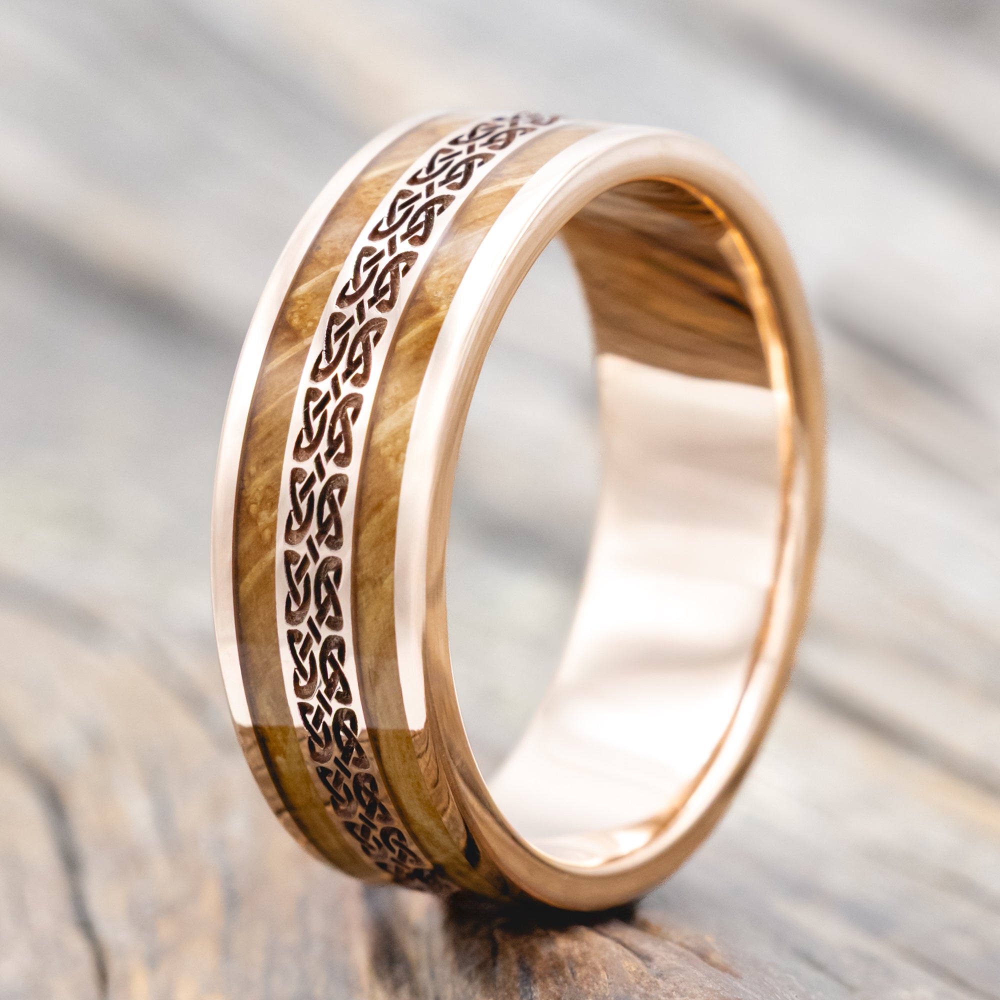 "RYDER" - CELTIC LOVE KNOT ENGRAVED & WHISKEY BARREL OAK WEDDING RING-Staghead Designs