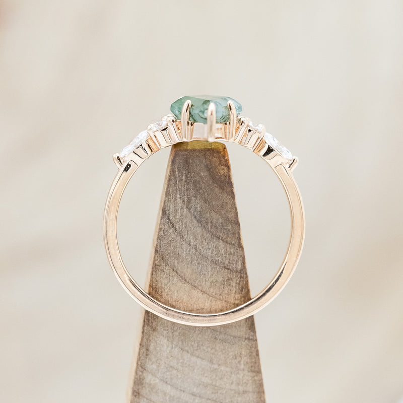 "SAGE" - BRIDAL SUITE - KITE CUT MOSS AGATE ENGAGEMENT RING WITH DIAMOND ACCENTS & TRACERS-Staghead Designs