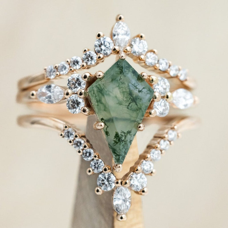 "SAGE" - BRIDAL SUITE - KITE CUT MOSS AGATE ENGAGEMENT RING WITH DIAMOND ACCENTS & TRACERS-Staghead Designs