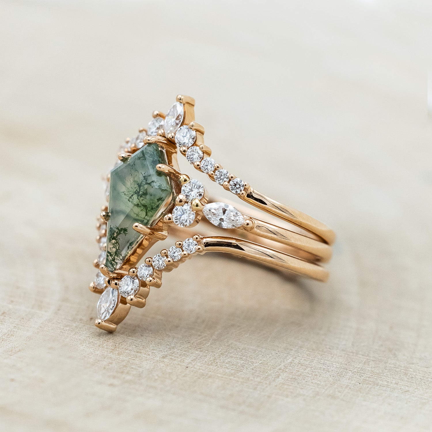 "SAGE" - BRIDAL SUITE - KITE CUT MOSS AGATE ENGAGEMENT RING WITH DIAMOND ACCENTS & TRACERS-Staghead Designs