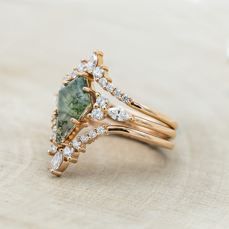 "SAGE" - BRIDAL SUITE - KITE CUT MOSS AGATE ENGAGEMENT RING WITH DIAMOND ACCENTS & TRACERS-Staghead Designs