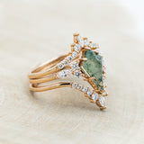 "SAGE" - BRIDAL SUITE - KITE CUT MOSS AGATE ENGAGEMENT RING WITH DIAMOND ACCENTS & TRACERS-Staghead Designs