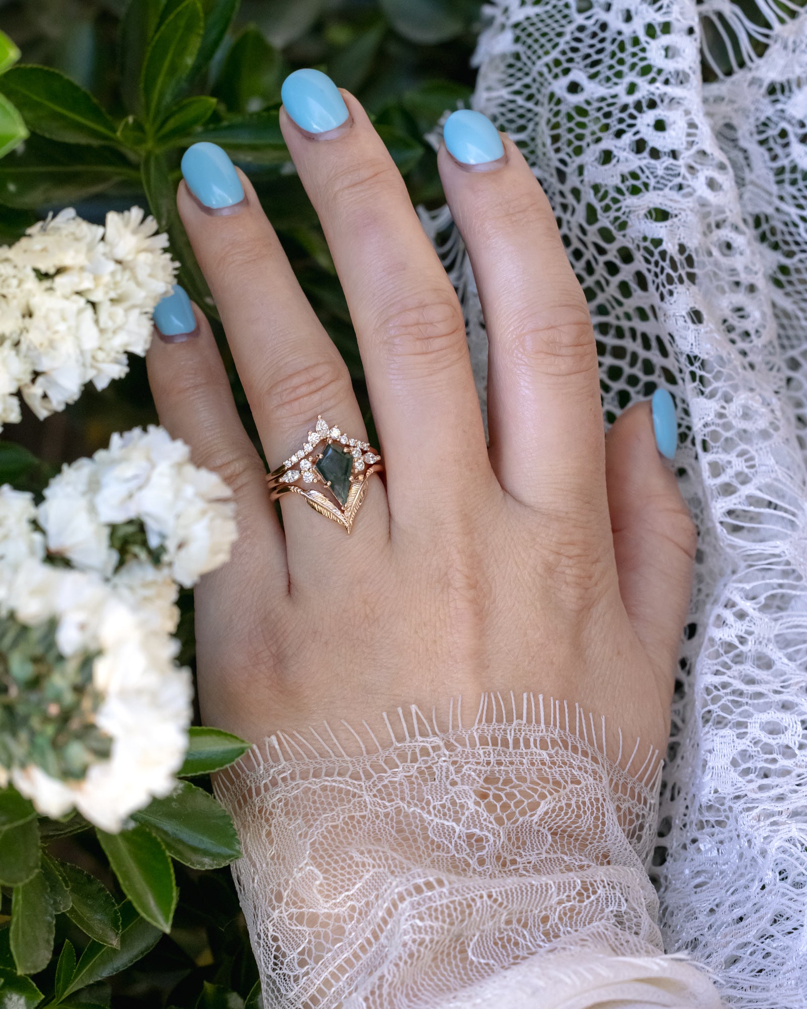 "SAGE" - BRIDAL SUITE - KITE CUT MOSS AGATE ENGAGEMENT RING WITH DIAMOND ACCENTS & TRACERS-Staghead Designs