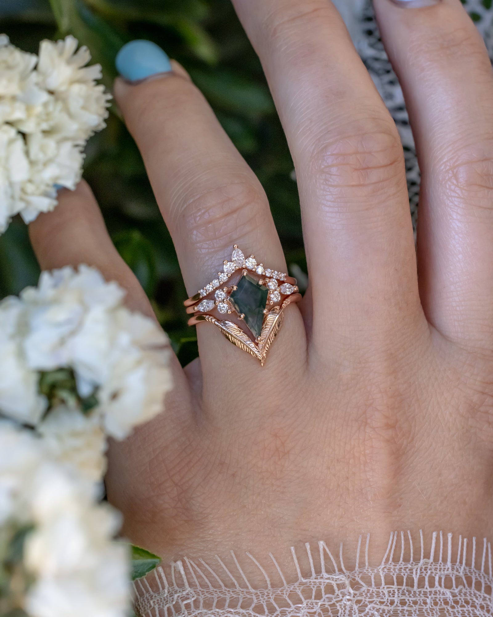 "SAGE" - BRIDAL SUITE - KITE CUT MOSS AGATE ENGAGEMENT RING WITH DIAMOND ACCENTS & TRACERS-Staghead Designs