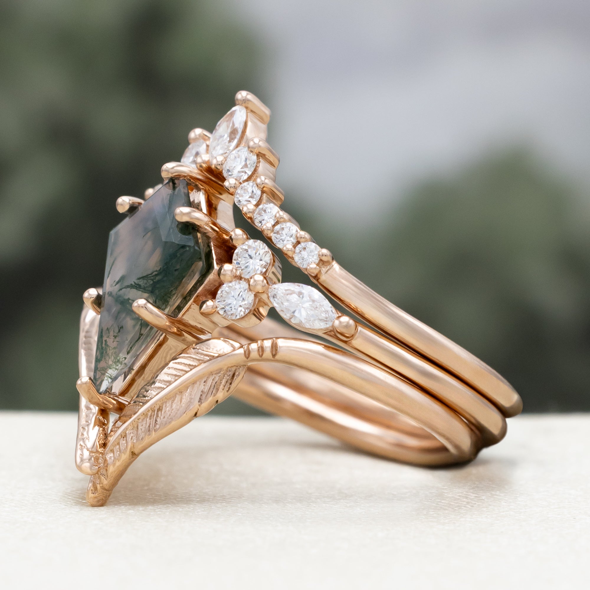 "SAGE" - BRIDAL SUITE - KITE CUT MOSS AGATE ENGAGEMENT RING WITH DIAMOND ACCENTS & TRACERS-Staghead Designs