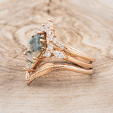 "SAGE" - BRIDAL SUITE - KITE CUT MOSS AGATE ENGAGEMENT RING WITH DIAMOND ACCENTS & TRACERS