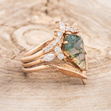 "SAGE" - BRIDAL SUITE - KITE CUT MOSS AGATE ENGAGEMENT RING WITH DIAMOND ACCENTS & TRACERS