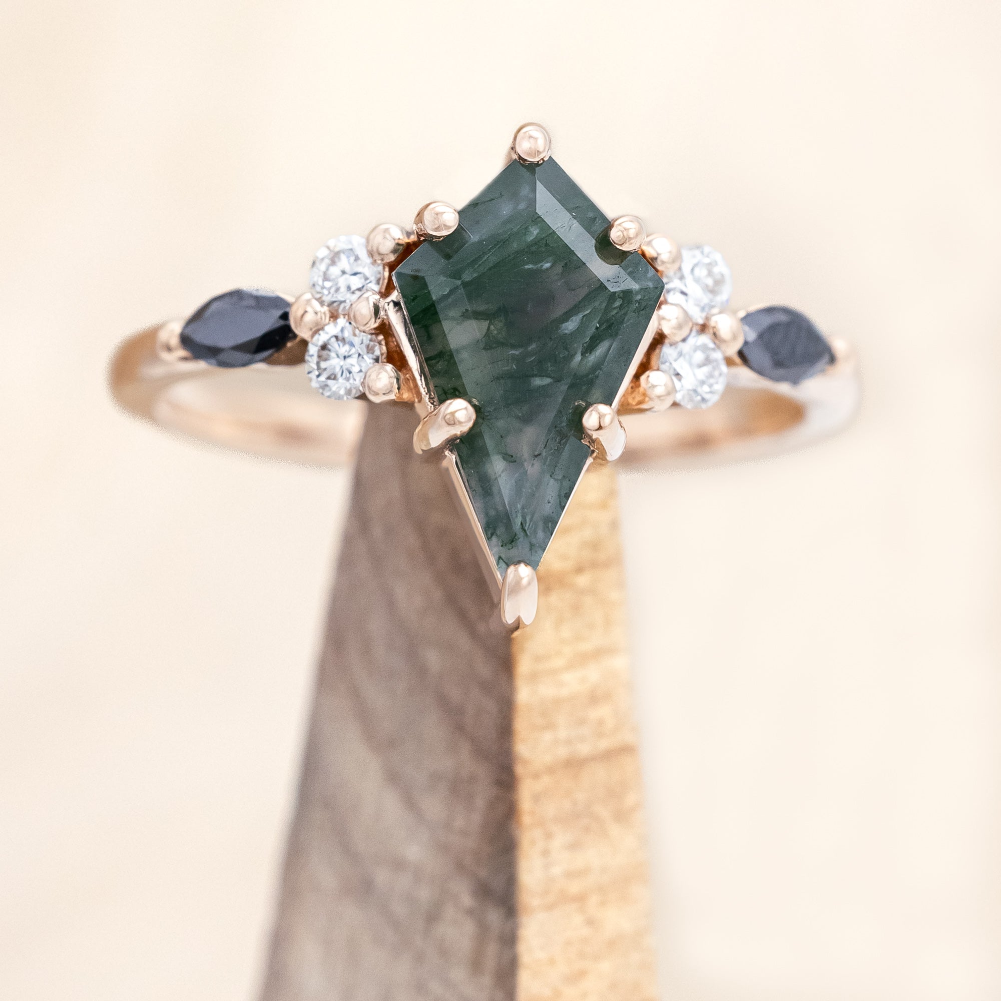 "SAGE" - KITE CUT MOSS AGATE ENGAGEMENT RING WITH BLACK MARQUISE DIAMOND ACCENTS & A DIAMOND TRACER