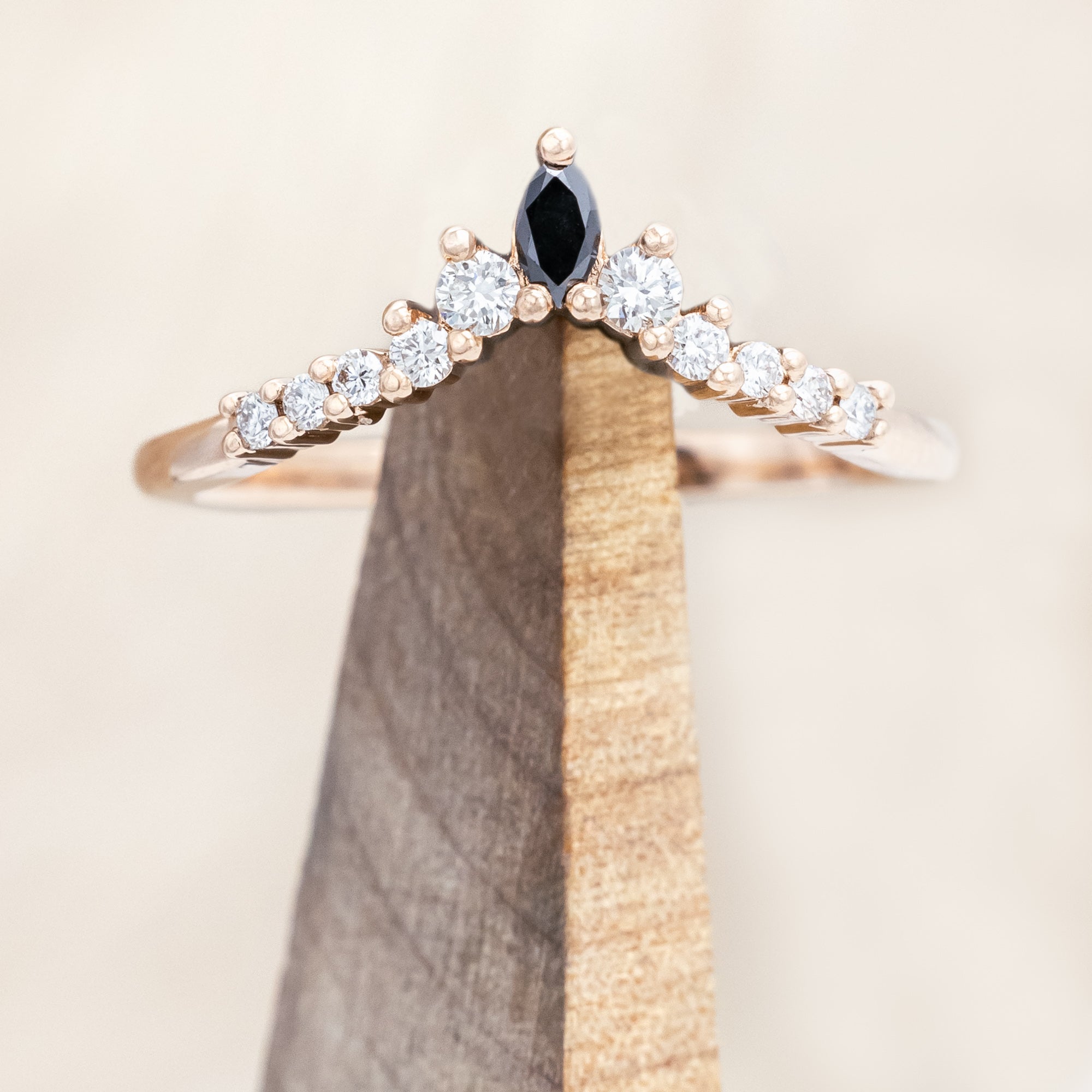 "SAGE" - KITE CUT MOSS AGATE ENGAGEMENT RING WITH BLACK MARQUISE DIAMOND ACCENTS & A DIAMOND TRACER