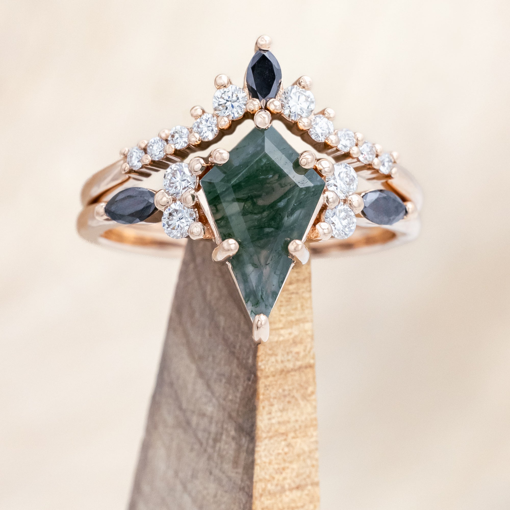 "SAGE" - KITE CUT MOSS AGATE ENGAGEMENT RING WITH BLACK MARQUISE DIAMOND ACCENTS & A DIAMOND TRACER
