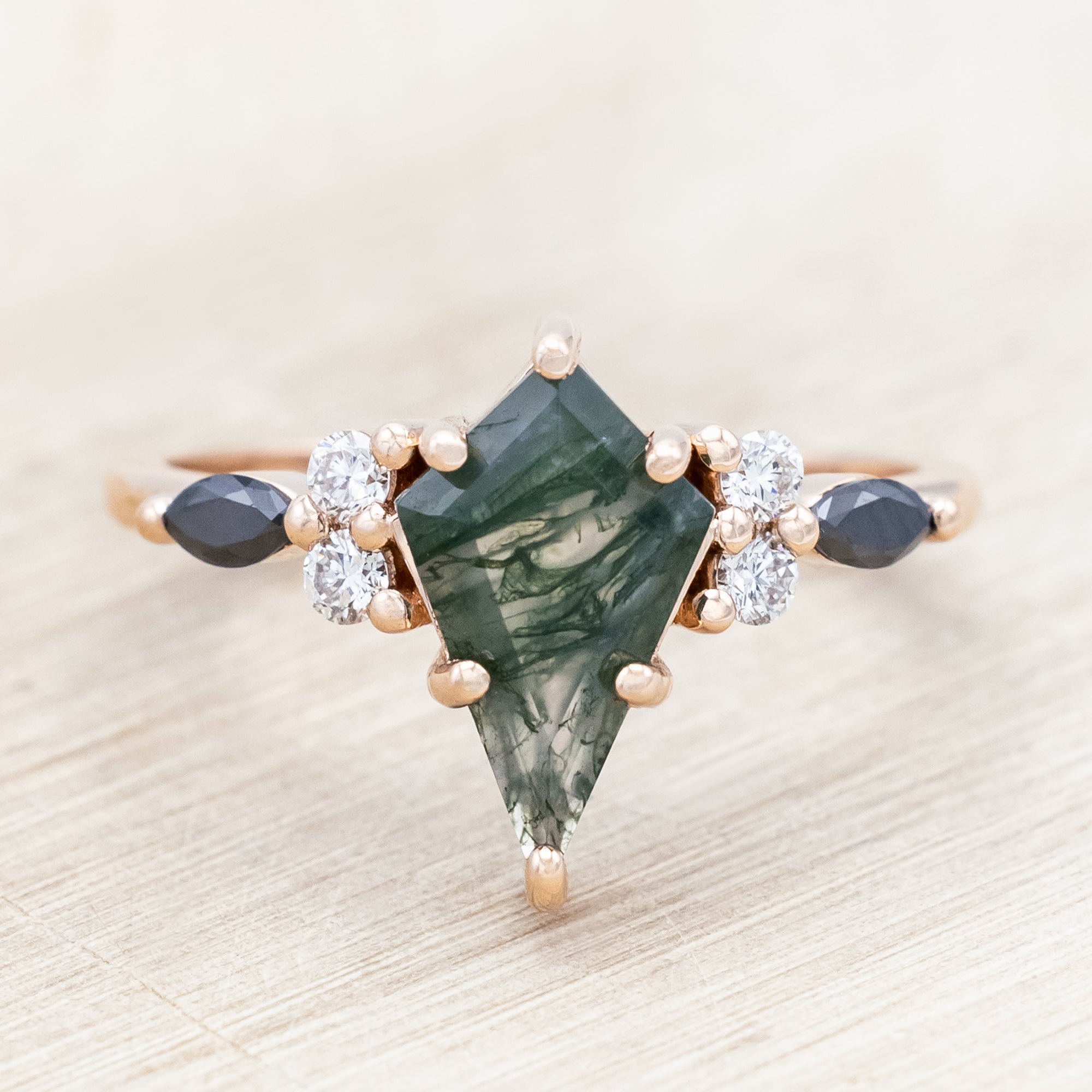 "SAGE" - KITE CUT MOSS AGATE ENGAGEMENT RING WITH BLACK MARQUISE DIAMOND ACCENTS & A DIAMOND TRACER