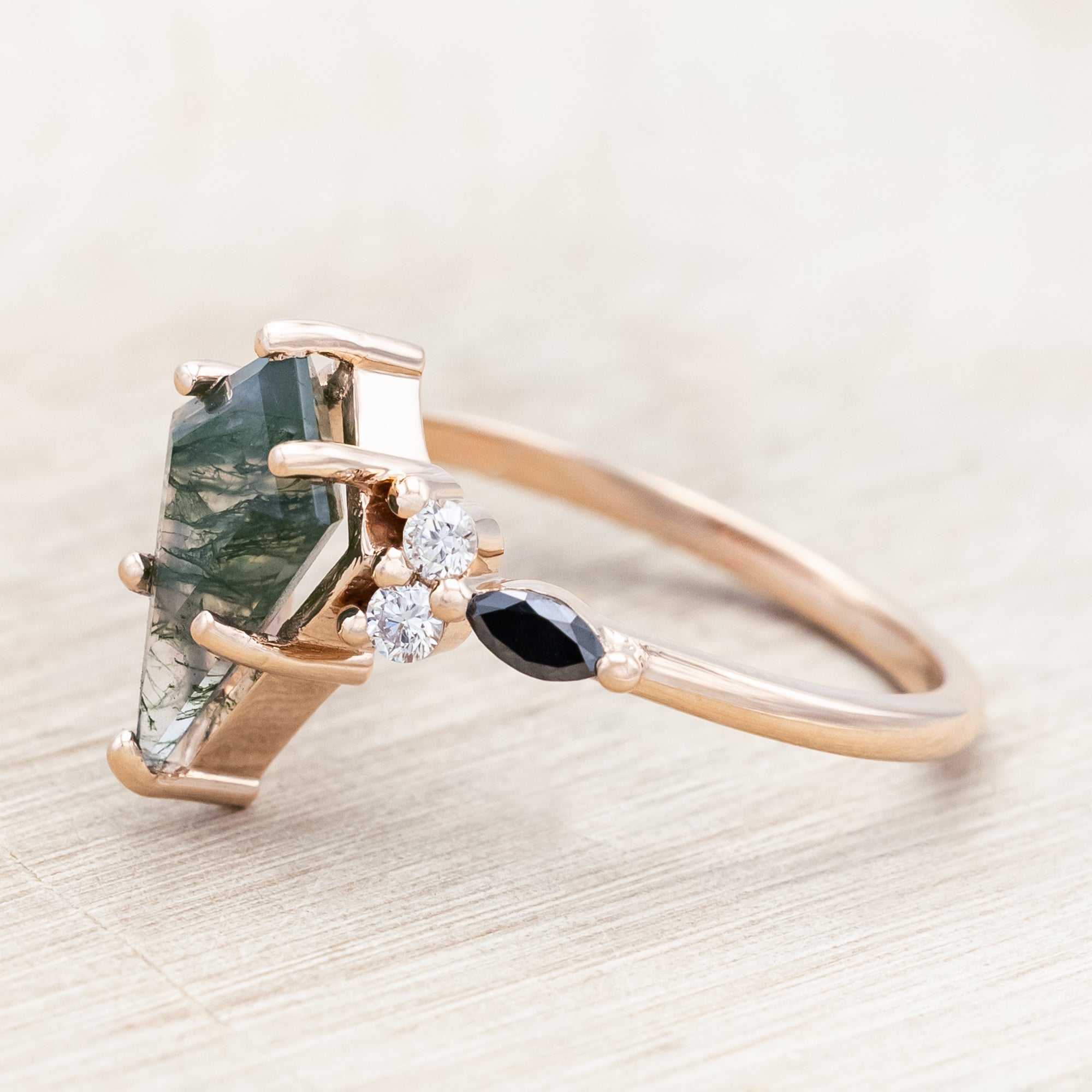 "SAGE" - KITE CUT MOSS AGATE ENGAGEMENT RING WITH BLACK MARQUISE DIAMOND ACCENTS & A DIAMOND TRACER