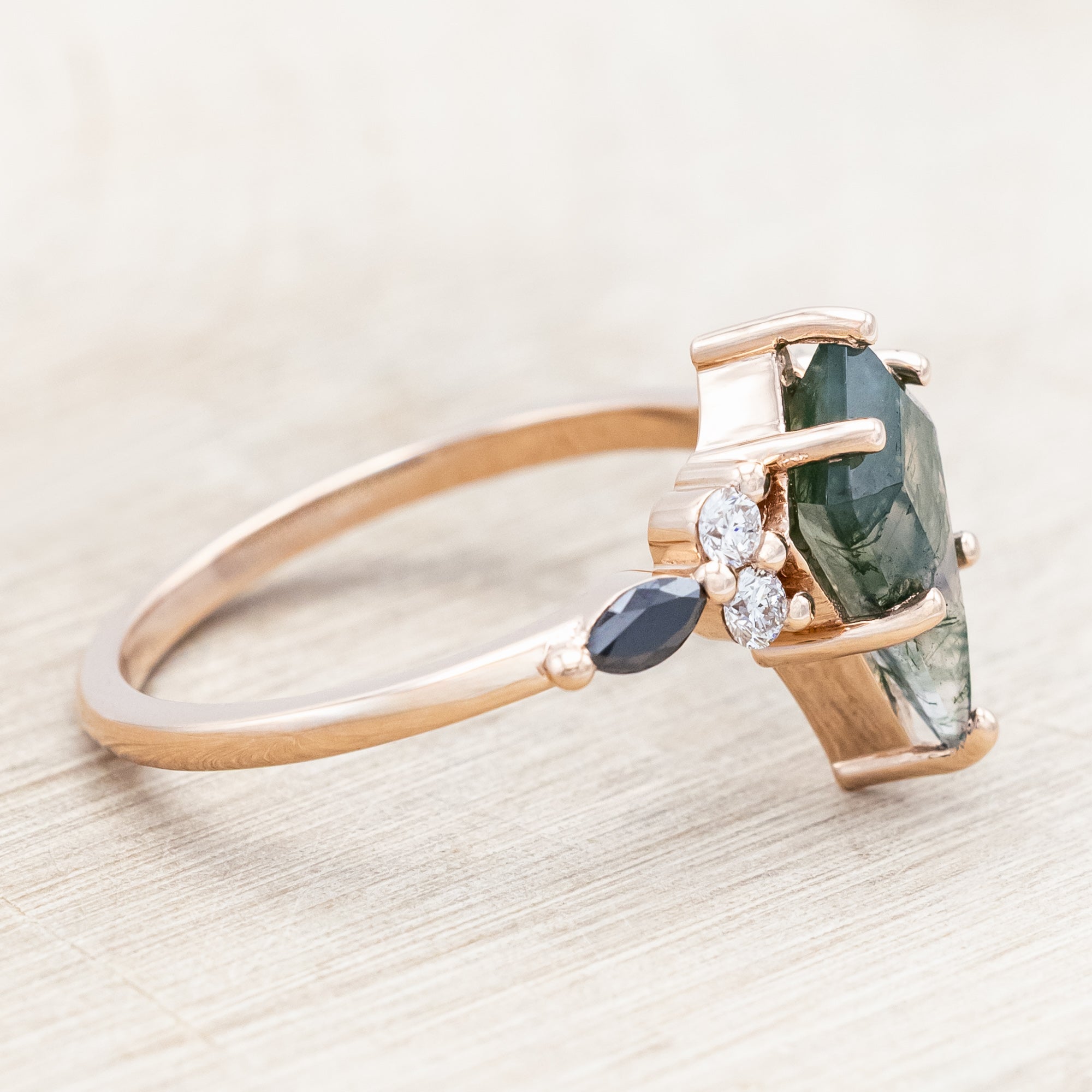 "SAGE" - KITE CUT MOSS AGATE ENGAGEMENT RING WITH BLACK MARQUISE DIAMOND ACCENTS & A DIAMOND TRACER