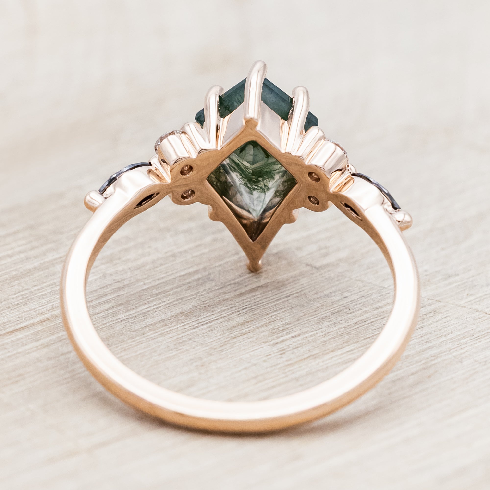 "SAGE" - KITE CUT MOSS AGATE ENGAGEMENT RING WITH BLACK MARQUISE DIAMOND ACCENTS & A DIAMOND TRACER