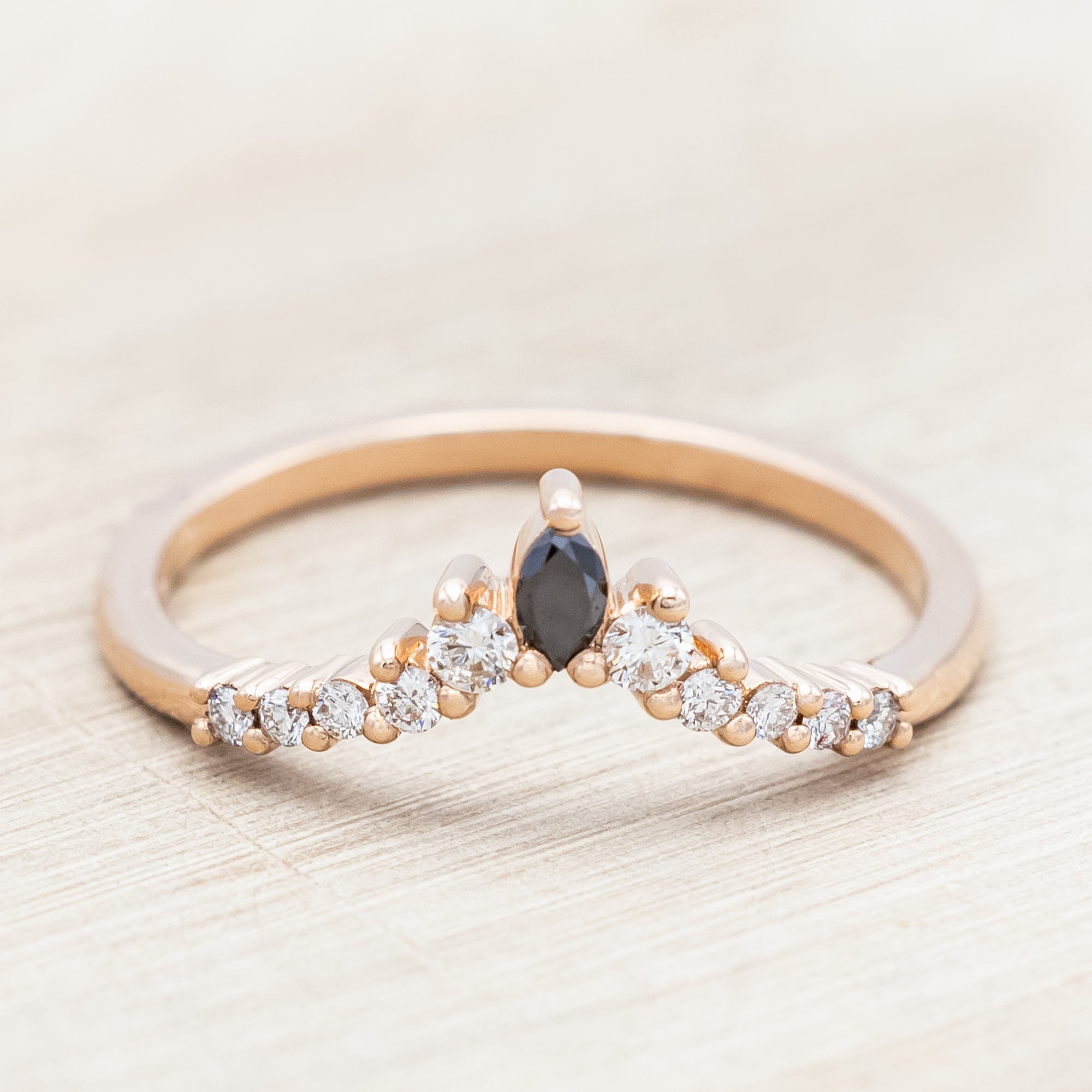 "SAGE" - KITE CUT MOSS AGATE ENGAGEMENT RING WITH BLACK MARQUISE DIAMOND ACCENTS & A DIAMOND TRACER