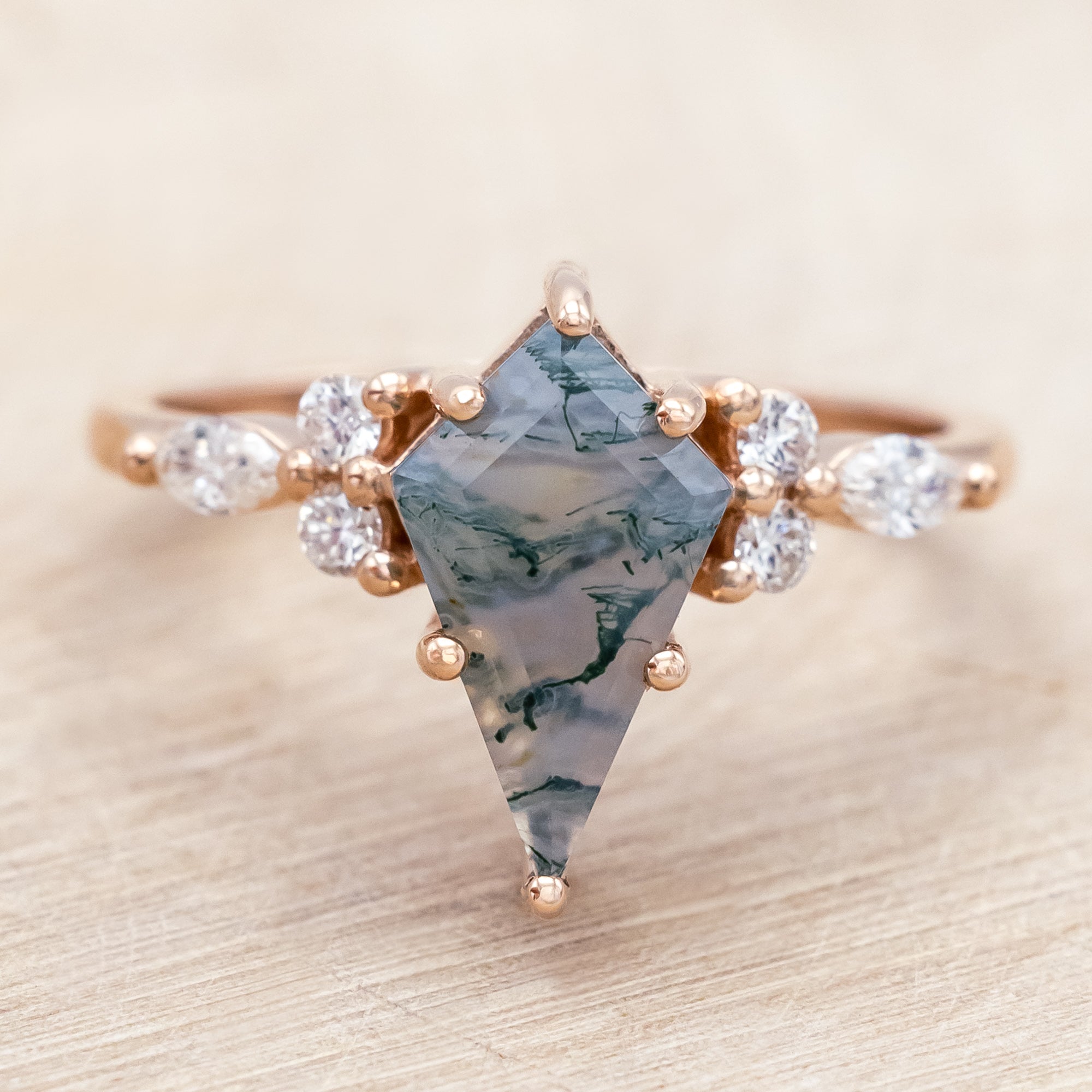 "SAGE" - KITE CUT MOSS AGATE ENGAGEMENT RING WITH DIAMOND ACCENTS & TRACER-Staghead Designs