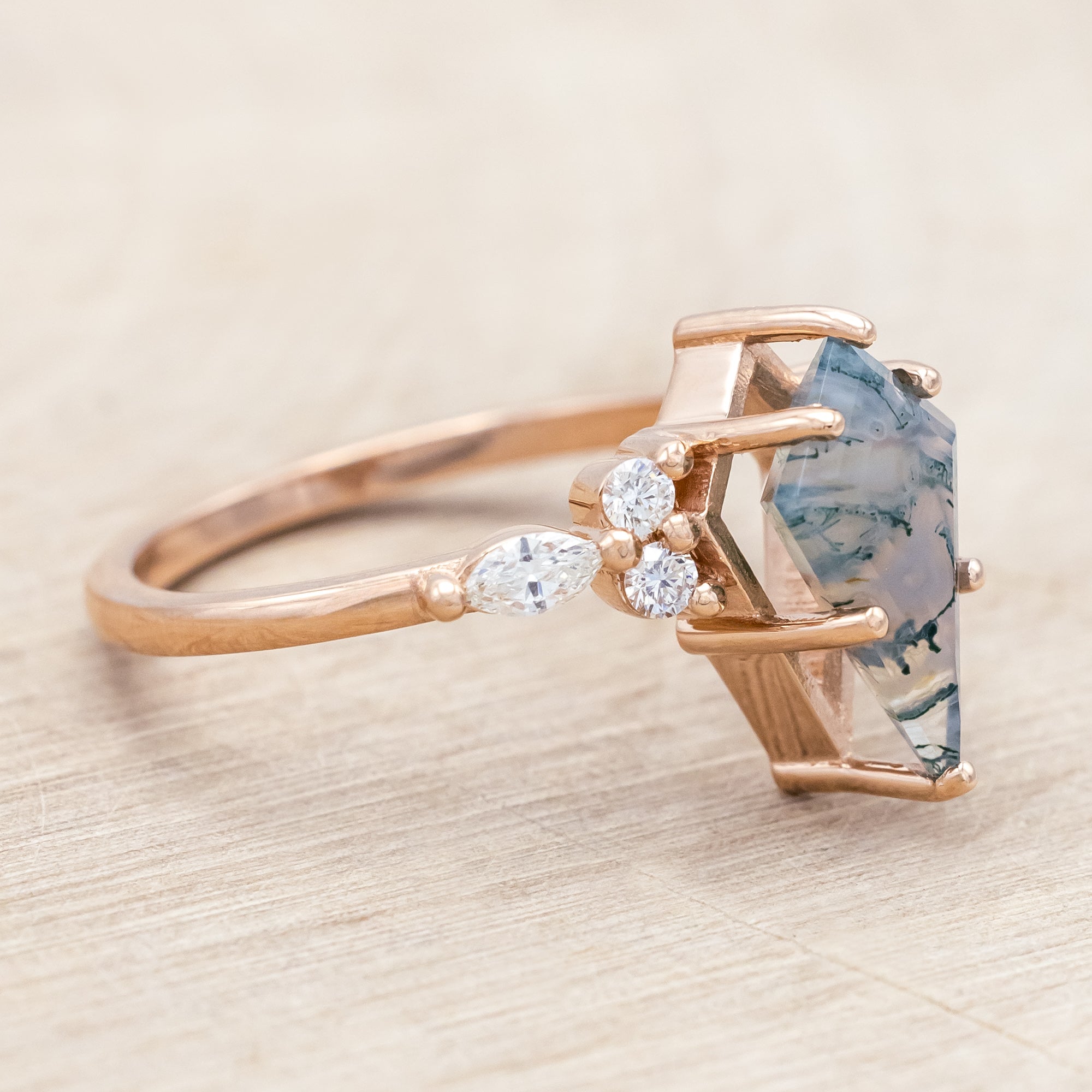 "SAGE" - KITE CUT MOSS AGATE ENGAGEMENT RING WITH DIAMOND ACCENTS & TRACER-Staghead Designs