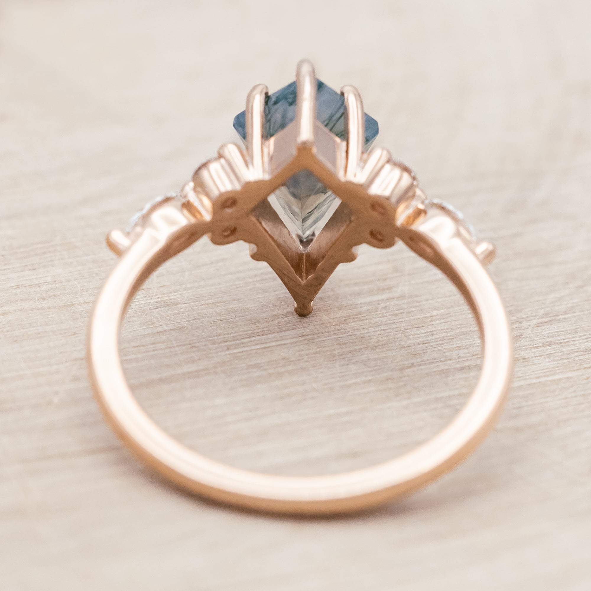 "SAGE" - KITE CUT MOSS AGATE ENGAGEMENT RING WITH DIAMOND ACCENTS & TRACER-Staghead Designs