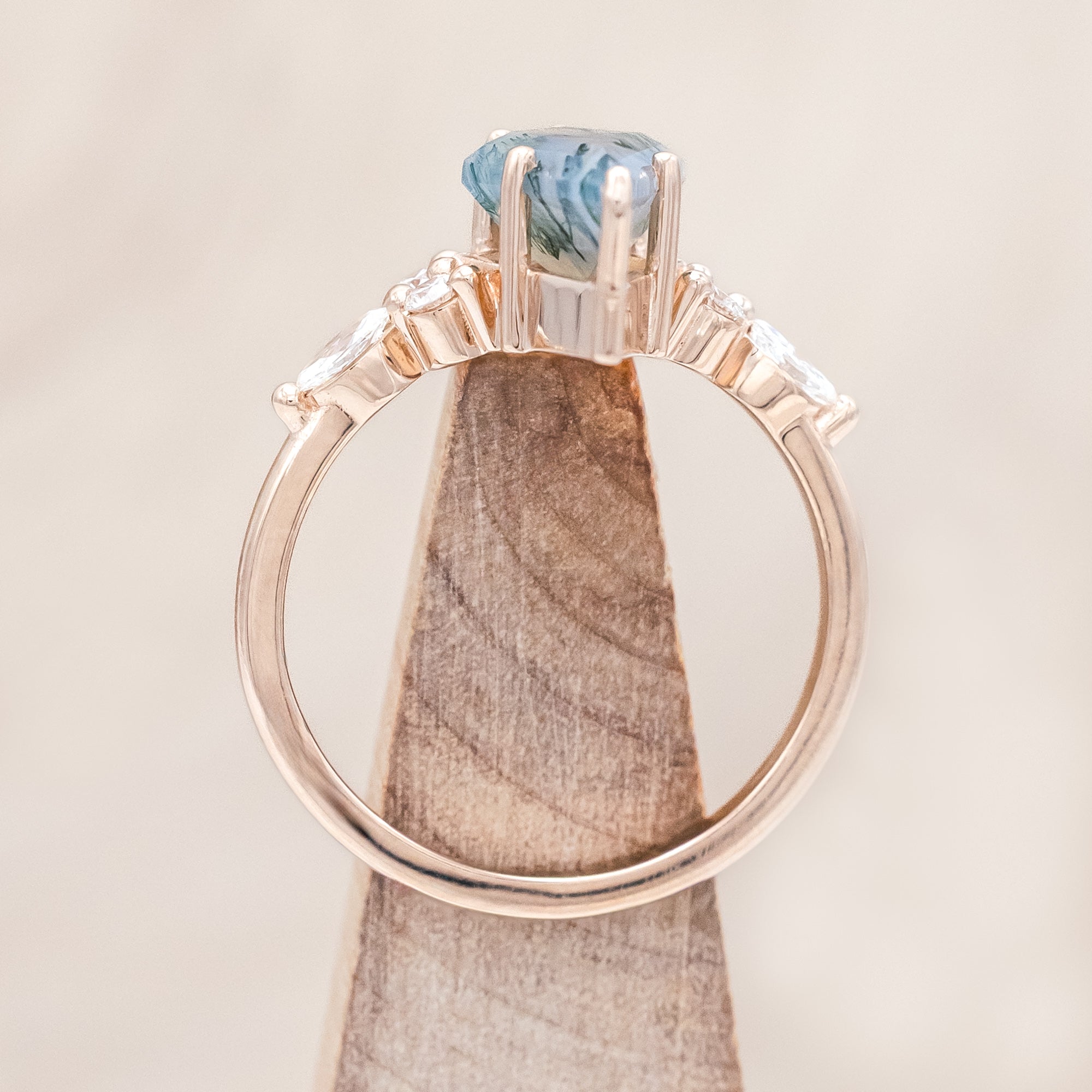 "SAGE" - KITE CUT MOSS AGATE ENGAGEMENT RING WITH DIAMOND ACCENTS & TRACER-Staghead Designs