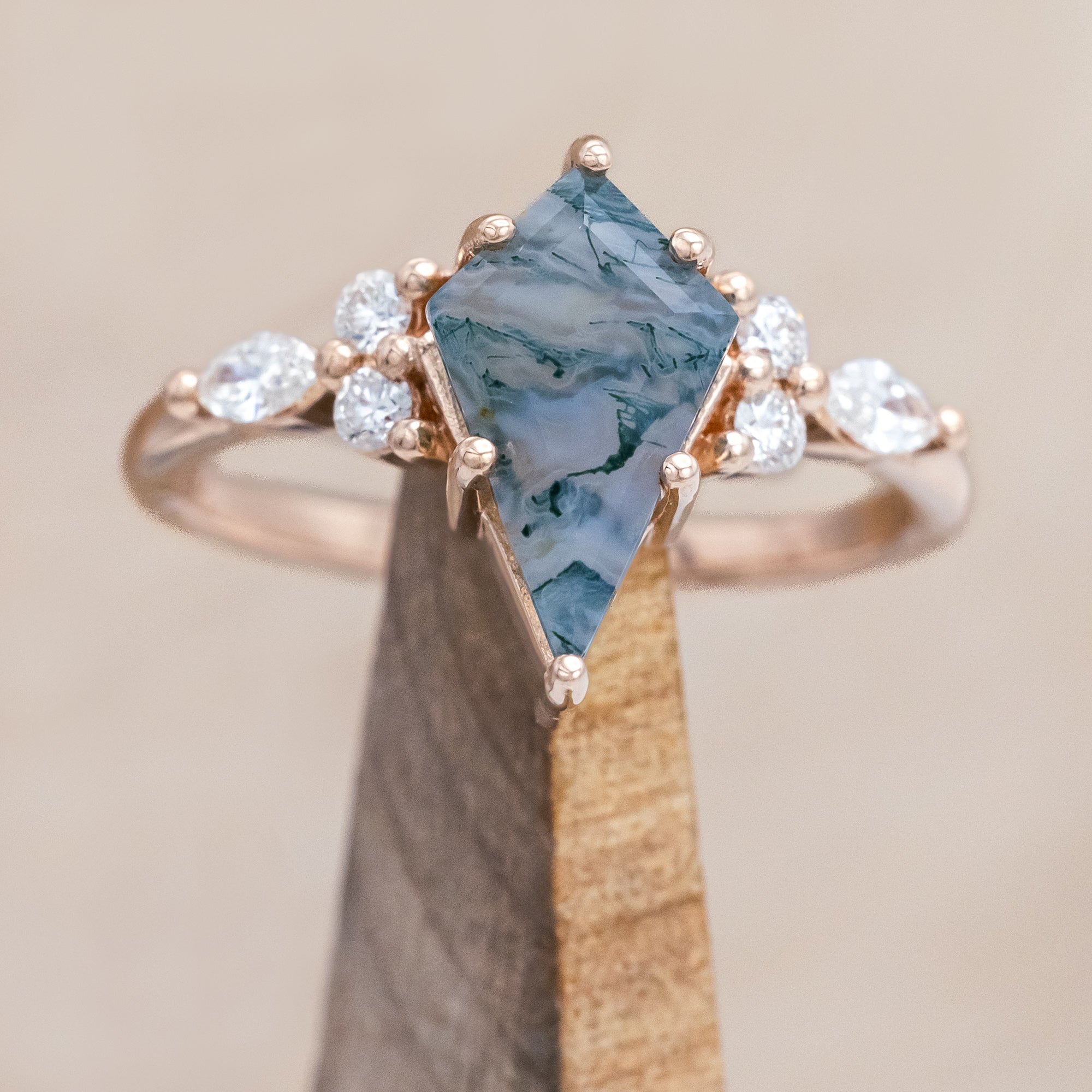 "SAGE" - KITE CUT MOSS AGATE ENGAGEMENT RING WITH DIAMOND ACCENTS & TRACER-Staghead Designs